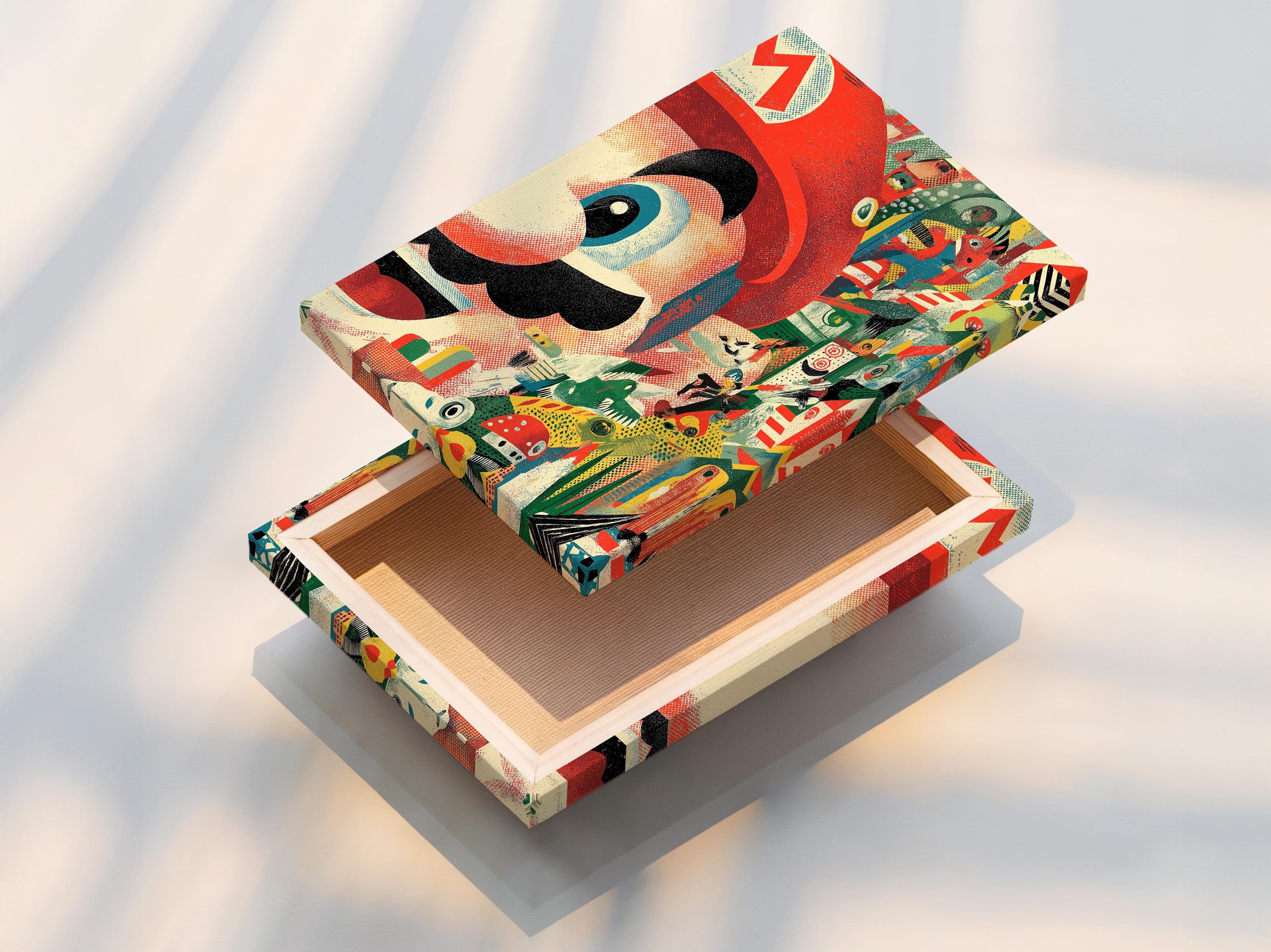 Retro gaming wall art with red and green collage design shown on a wall