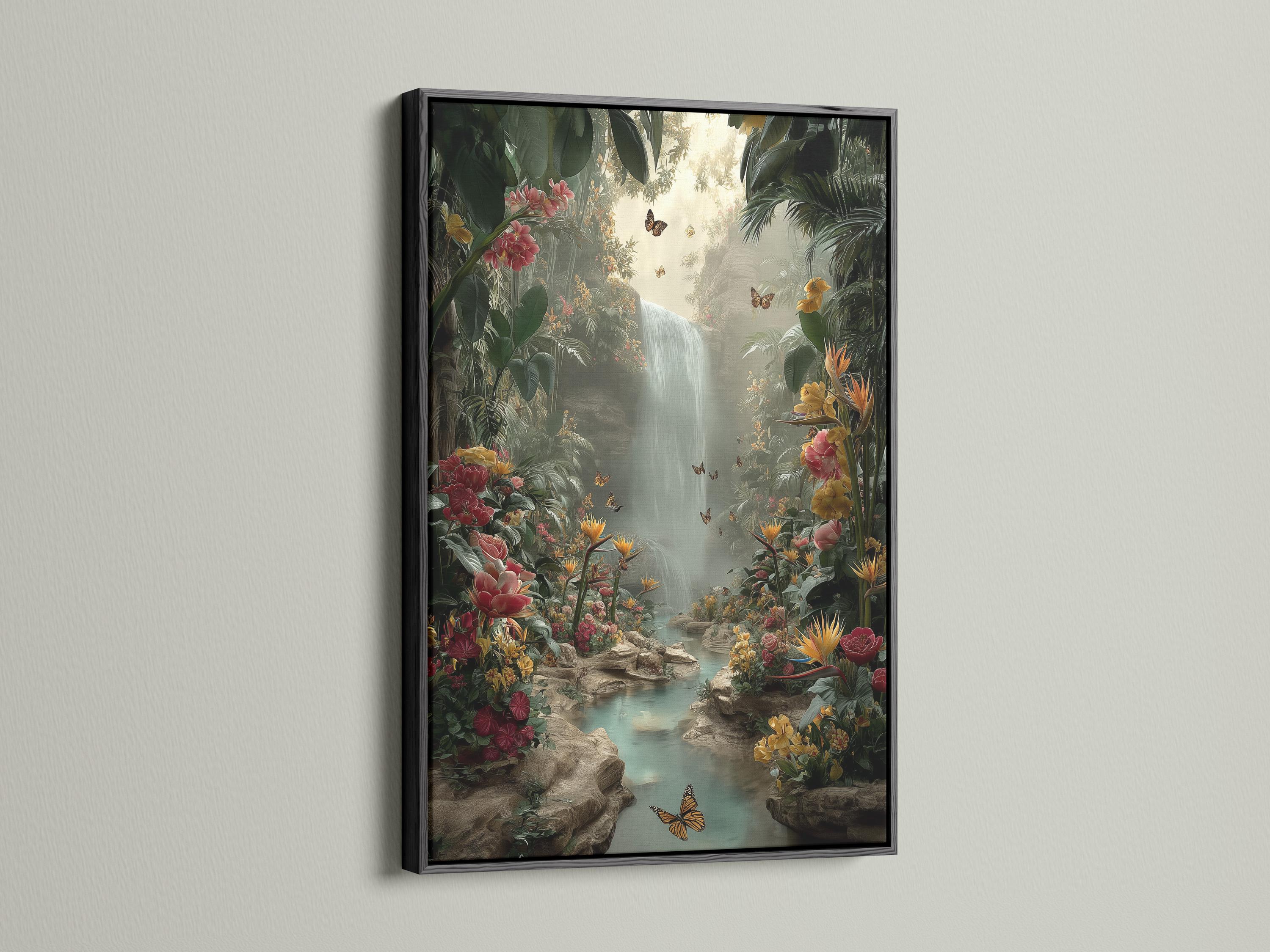 A jungle waterfall scene with lush green leaves, layered flowers and butterflies, flowing into a misty light area at the centre detail view