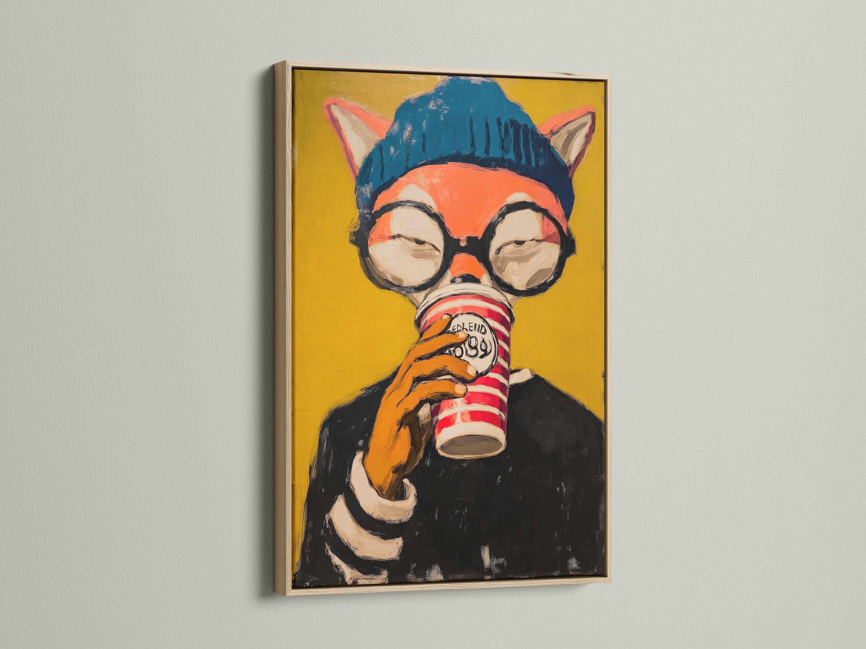 Stylised fox portrait wearing round glasses and a blue beanie, holding a red-and-white striped cup detail view