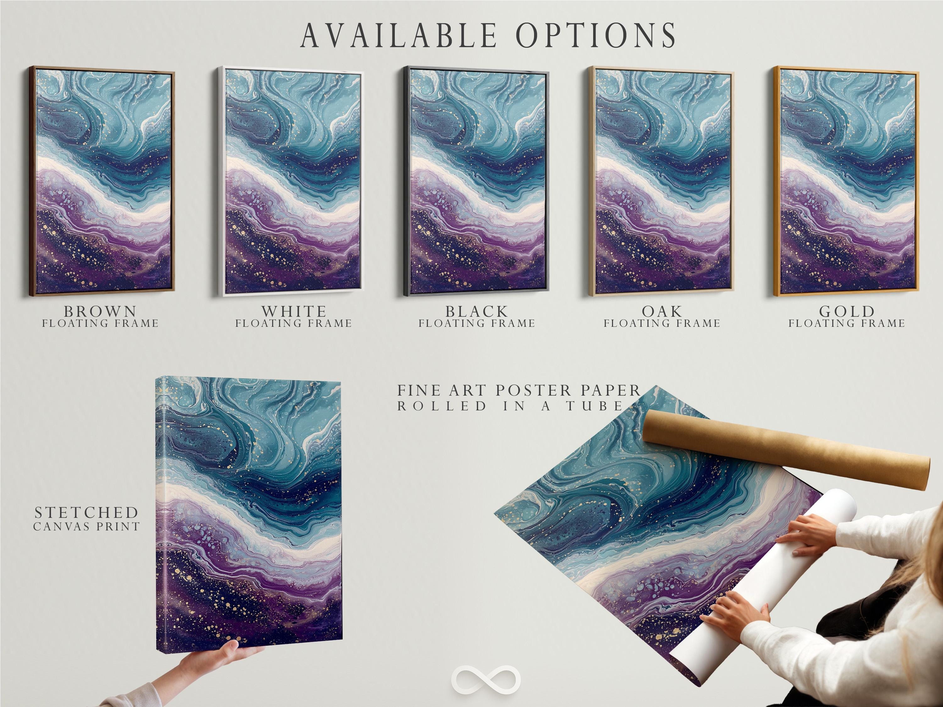 Fluid abstract wave artwork with teal, purple and gold swirls and speckles detail view