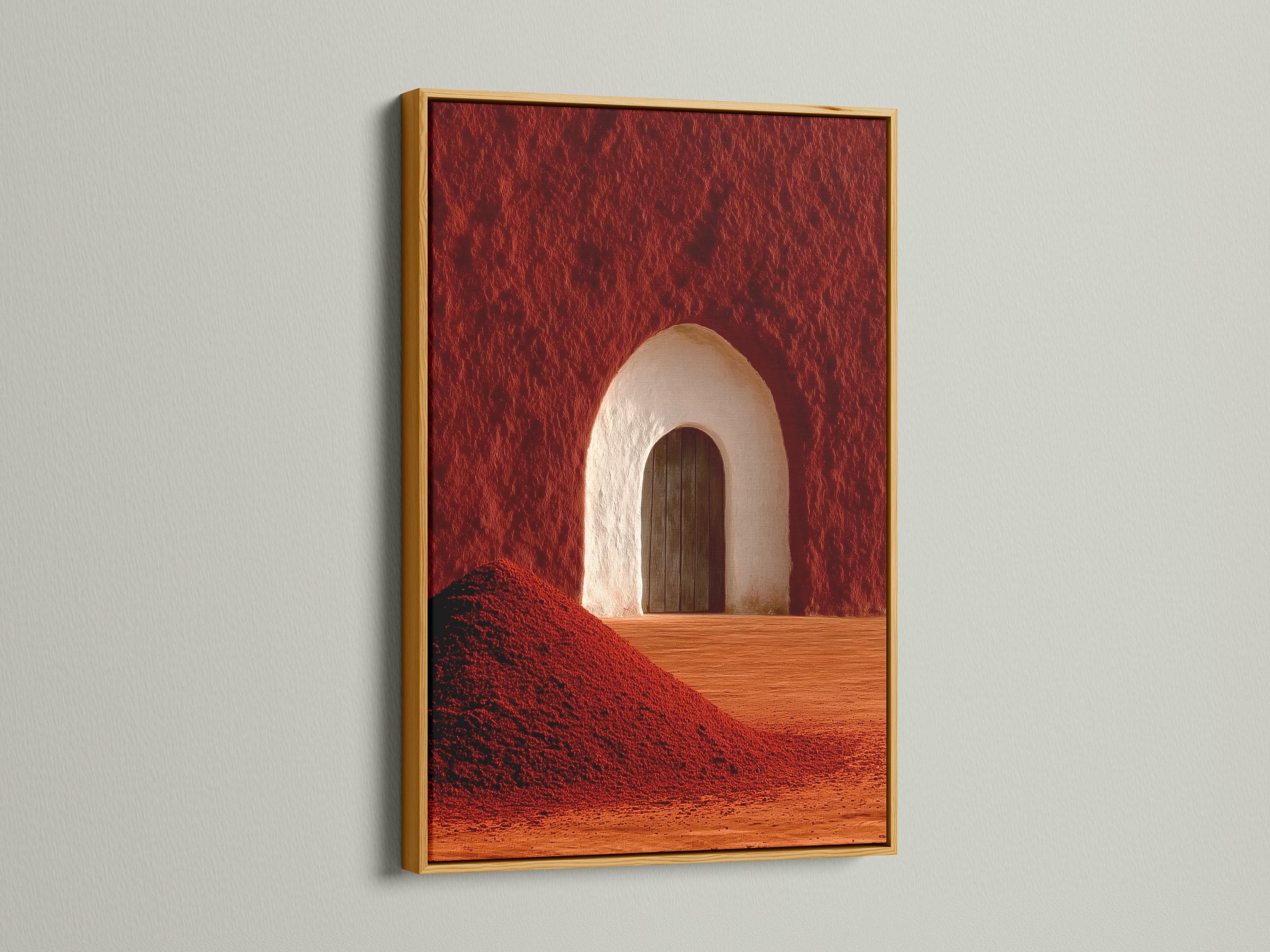 Warm red and terracotta desert arch doorway with a pale arch and wooden door panel detail view