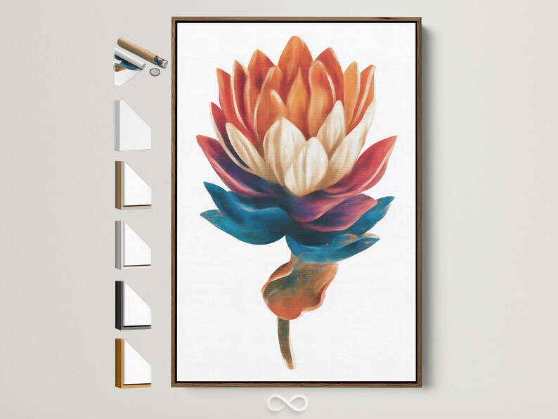 Stylised flower artwork with teal and coral petals and a cream centre on a pale background