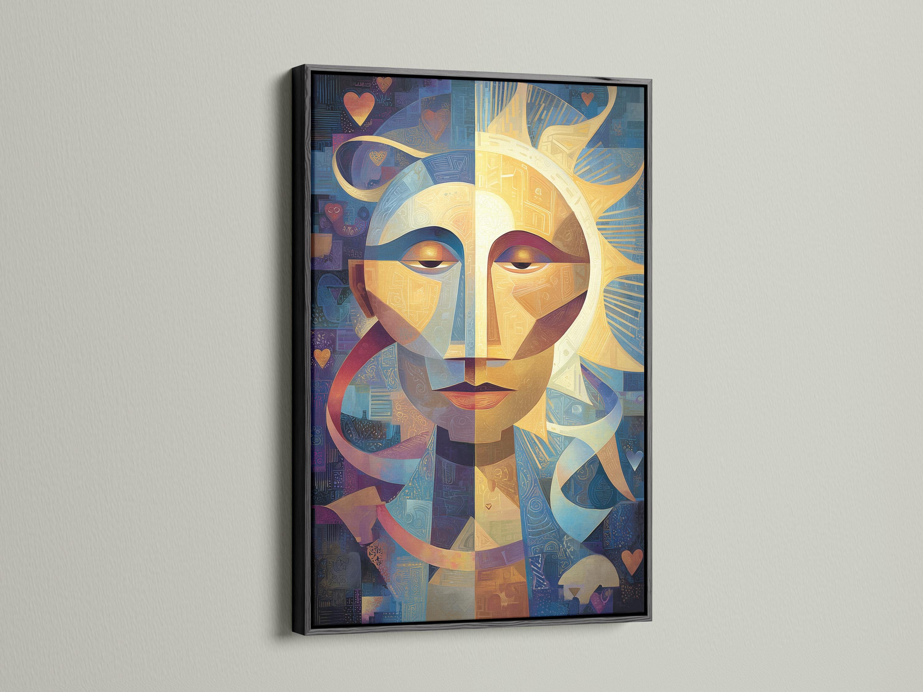 Geometric abstract face with a golden sunburst centre, blue and gold shapes, and small heart motifs detail view