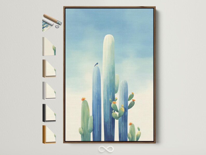 Framed cactus desert artwork with tall blue-green cacti and small orange blossoms against a pale blue sky