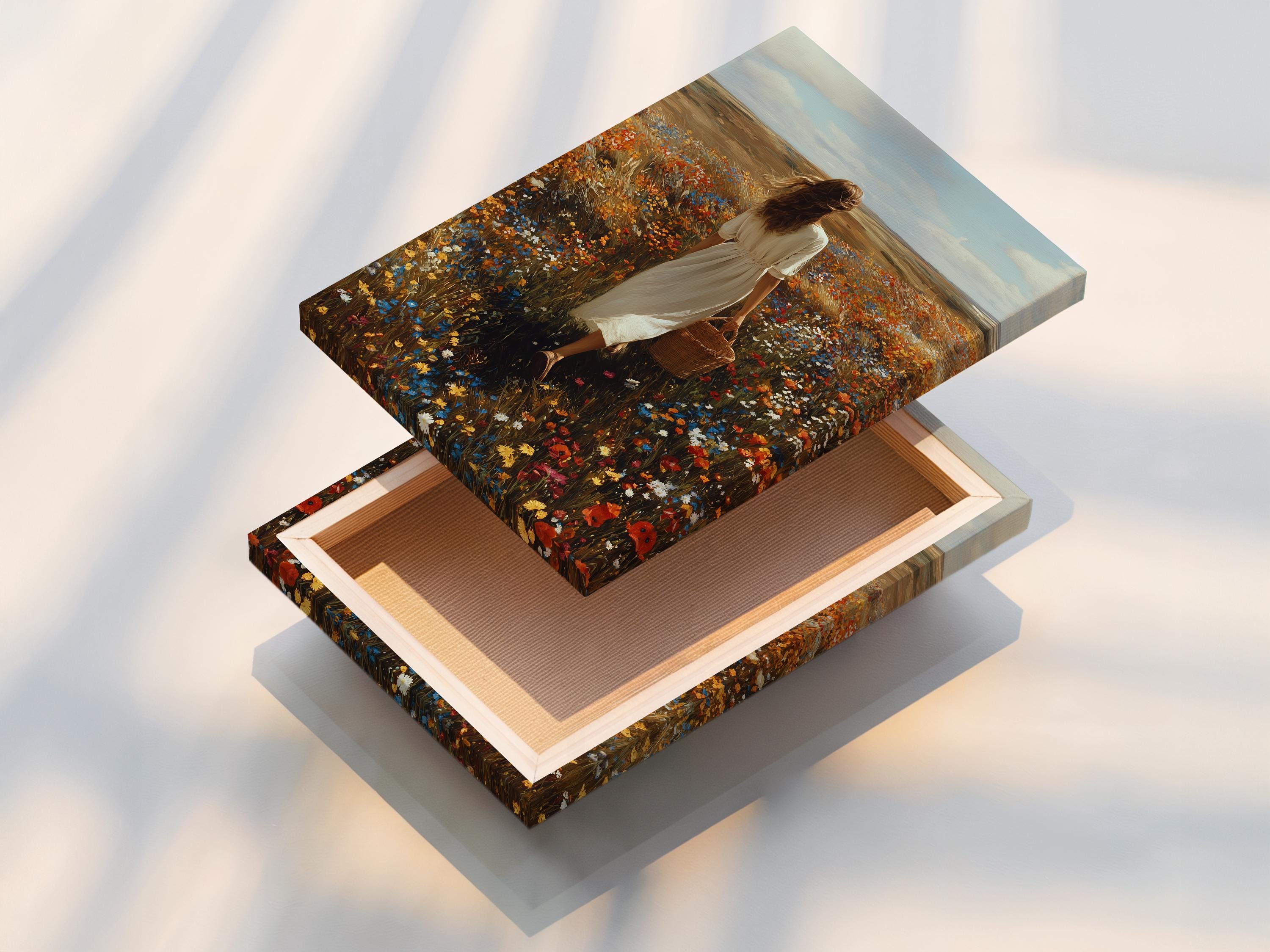 Mockup showing framed wildflower meadow artwork with a woman walking in a field of flowers