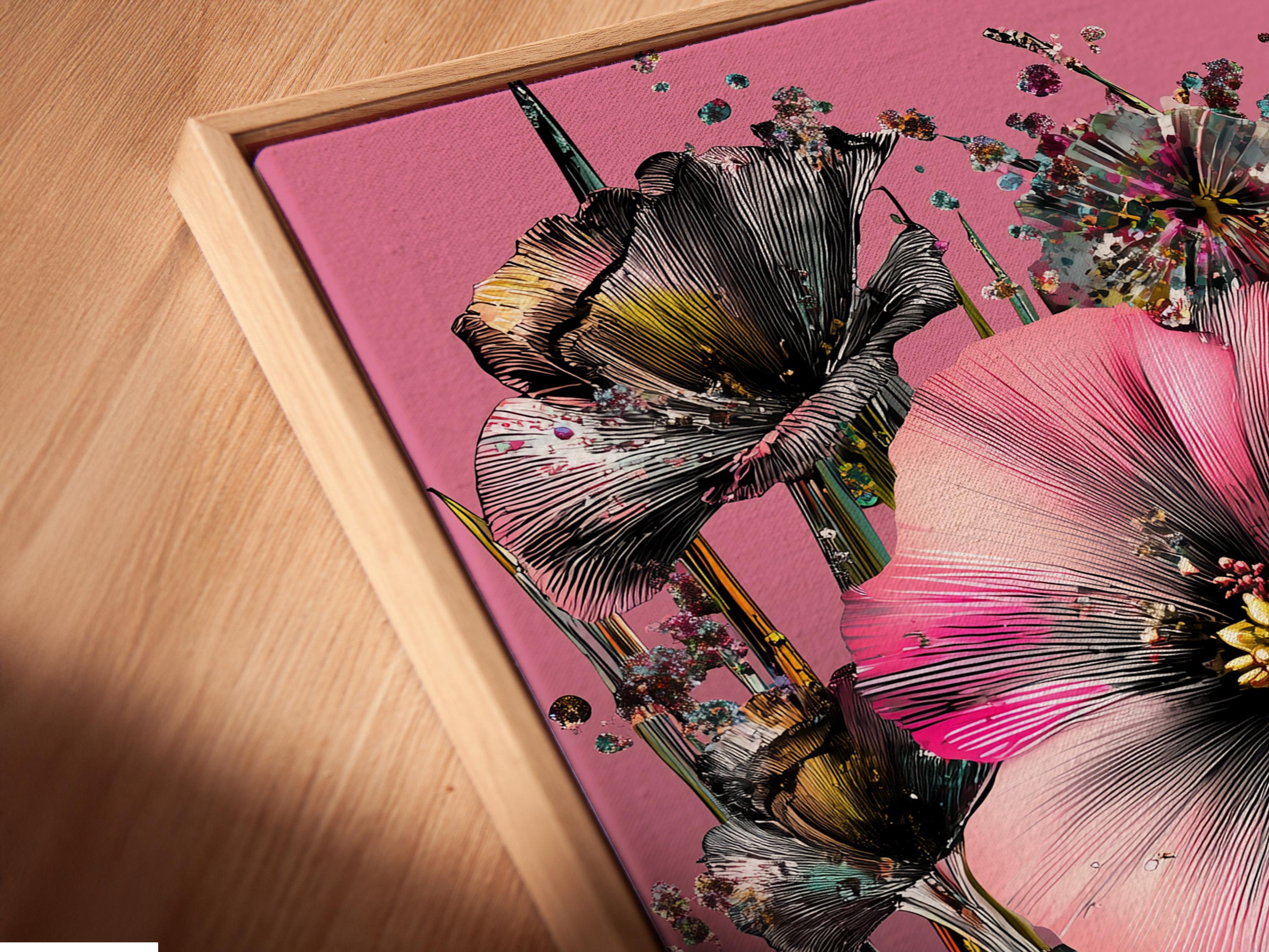 Portrait floral artwork with large pink blossoms, teal accents, dark centres and green stems on a pink background detail view