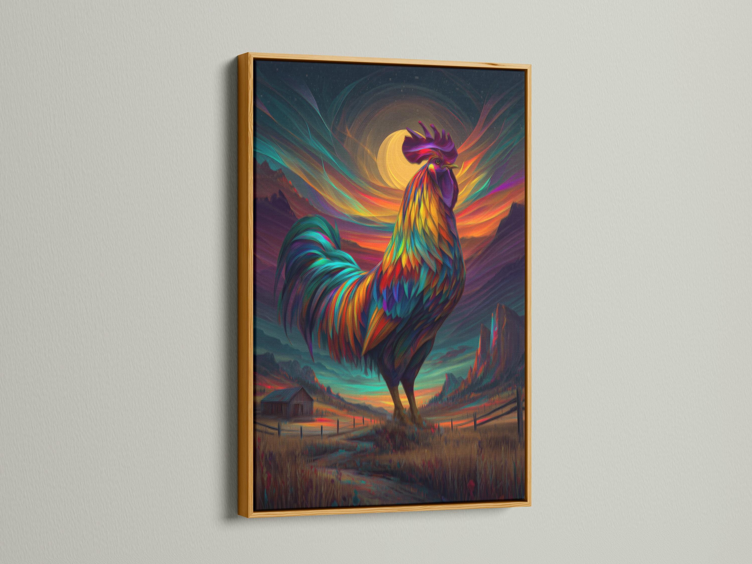 Stylised rainbow-feather rooster standing in front of a glowing sunset landscape detail view