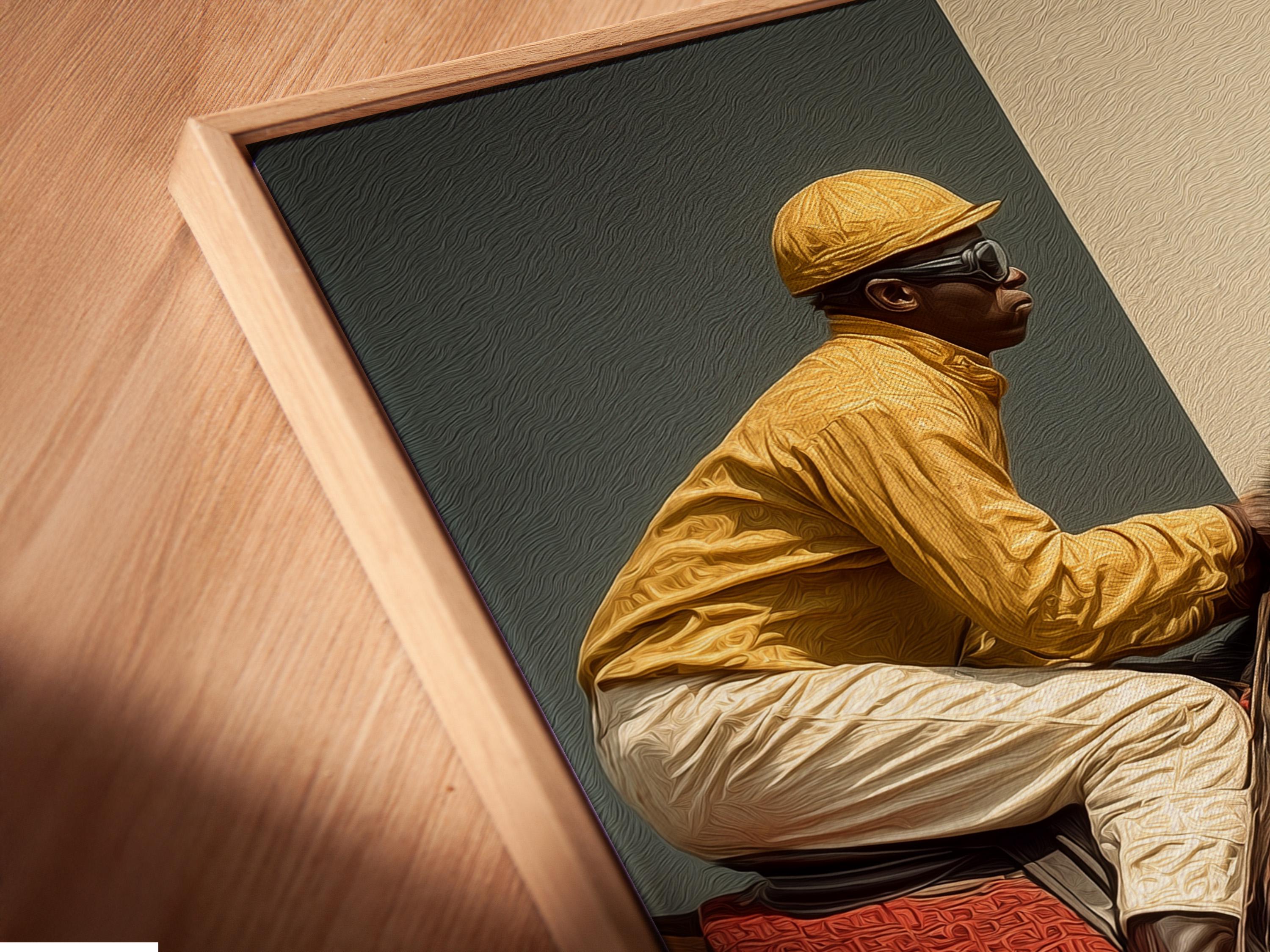 Room mockup showing framed zebra jockey artwork on a wall with side panel images