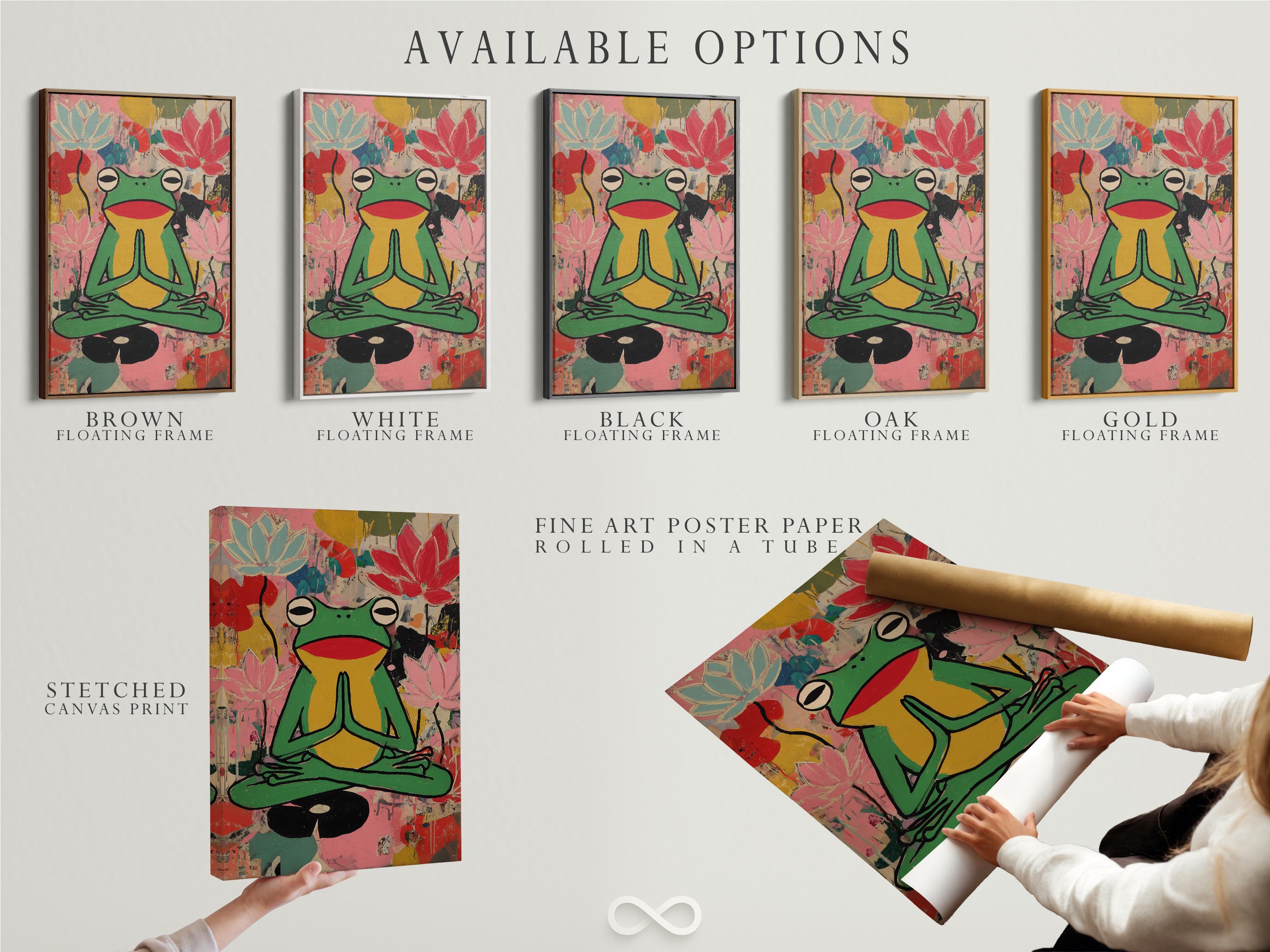 Stylised green frog meditating with pink lotus flowers in a colourful collage background detail view
