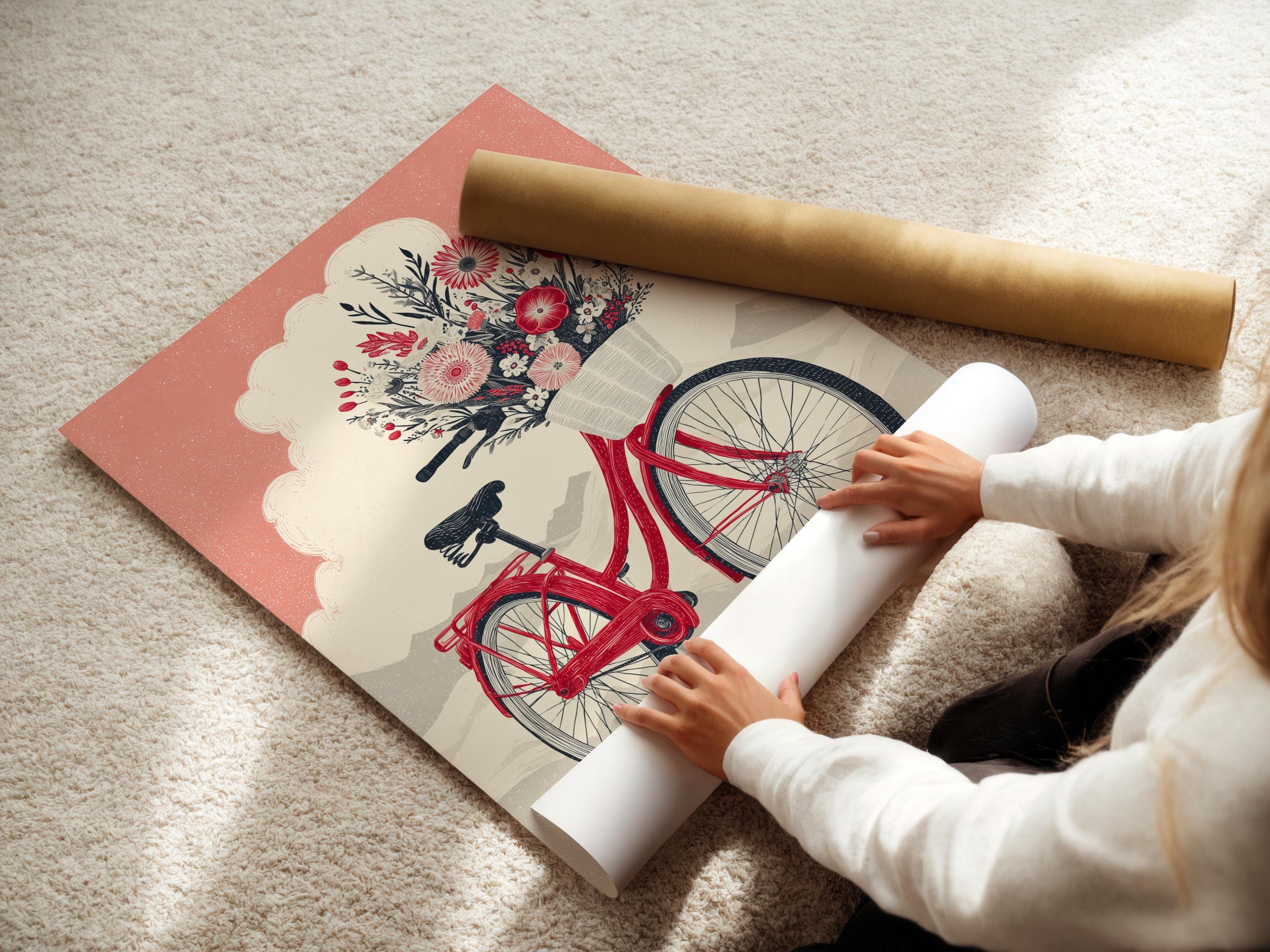 A red bicycle is decorated with a large bouquet of flowers and leaves, set against a dusty pink sky and pale landscape shapes detail view