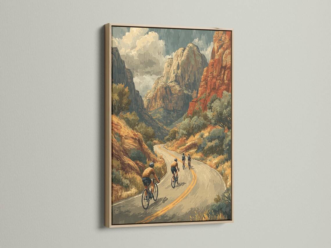 Retro mountain cycling scene with cyclists riding along a winding road through rocky cliffs detail view