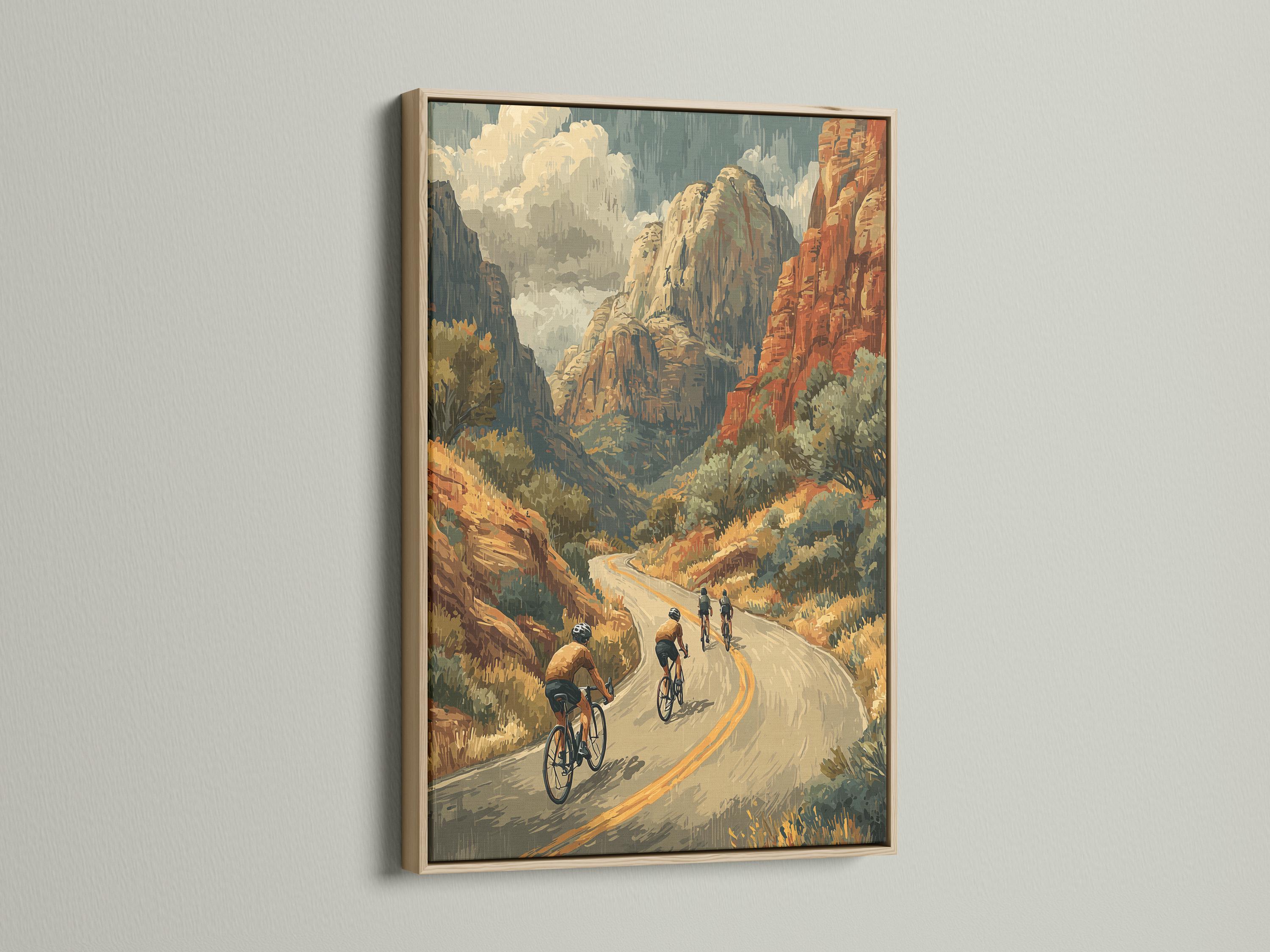 Retro mountain cycling scene with cyclists riding along a winding road through rocky cliffs detail view