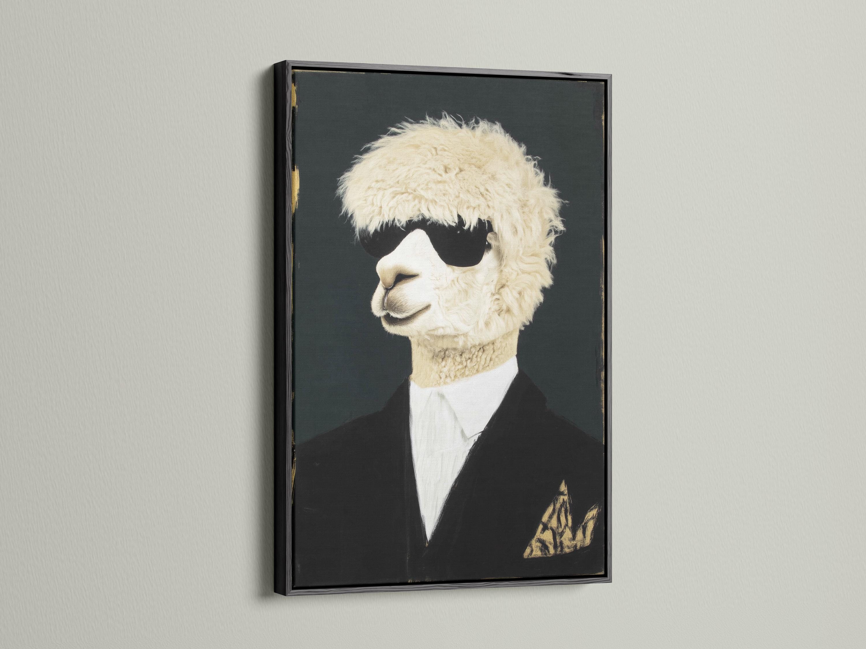 Room mockup showing a framed alpaca portrait artwork with cream fur and a dark suit