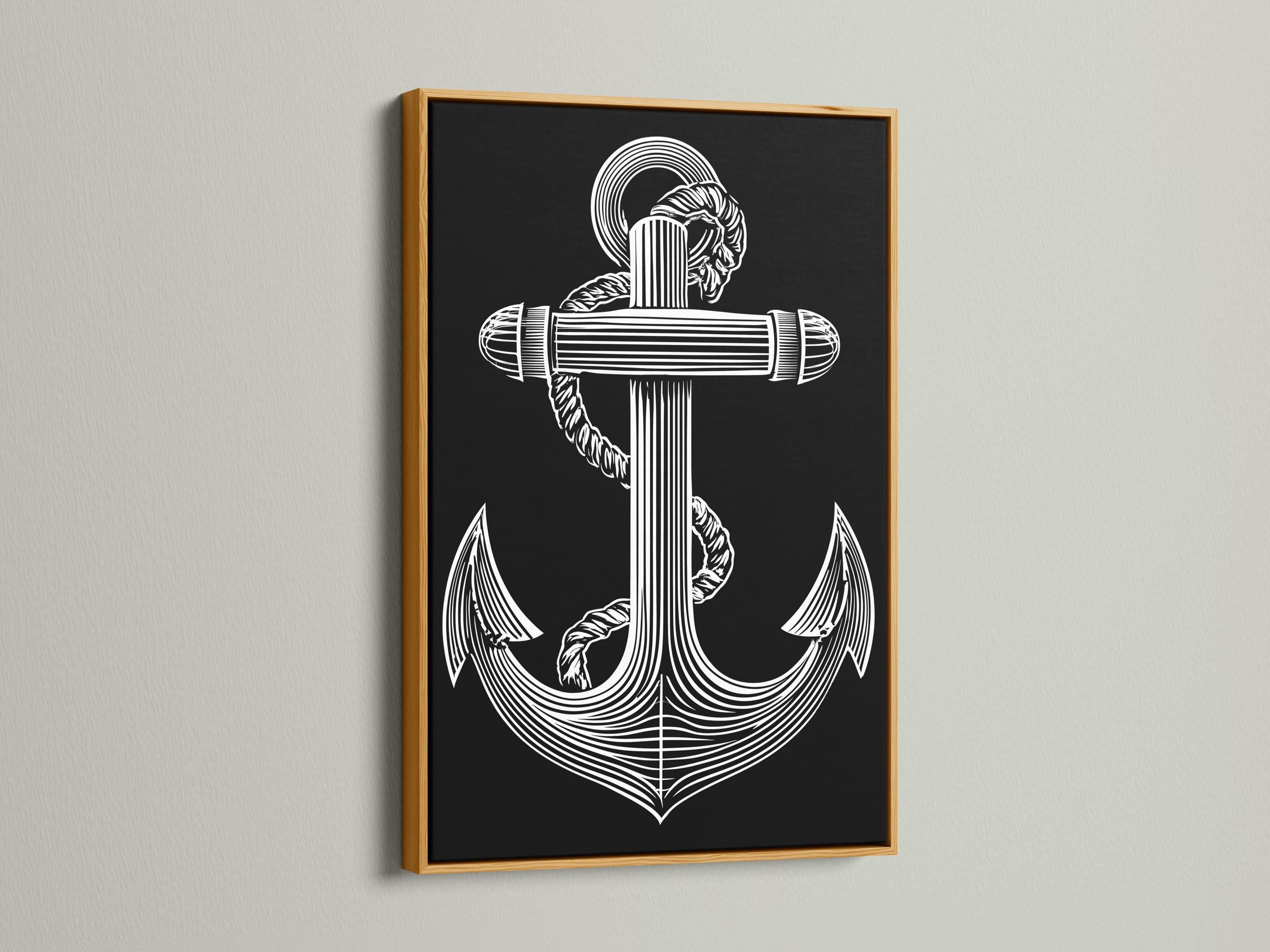 Black and white anchor line art with a profile figure and circular ring halo detail view