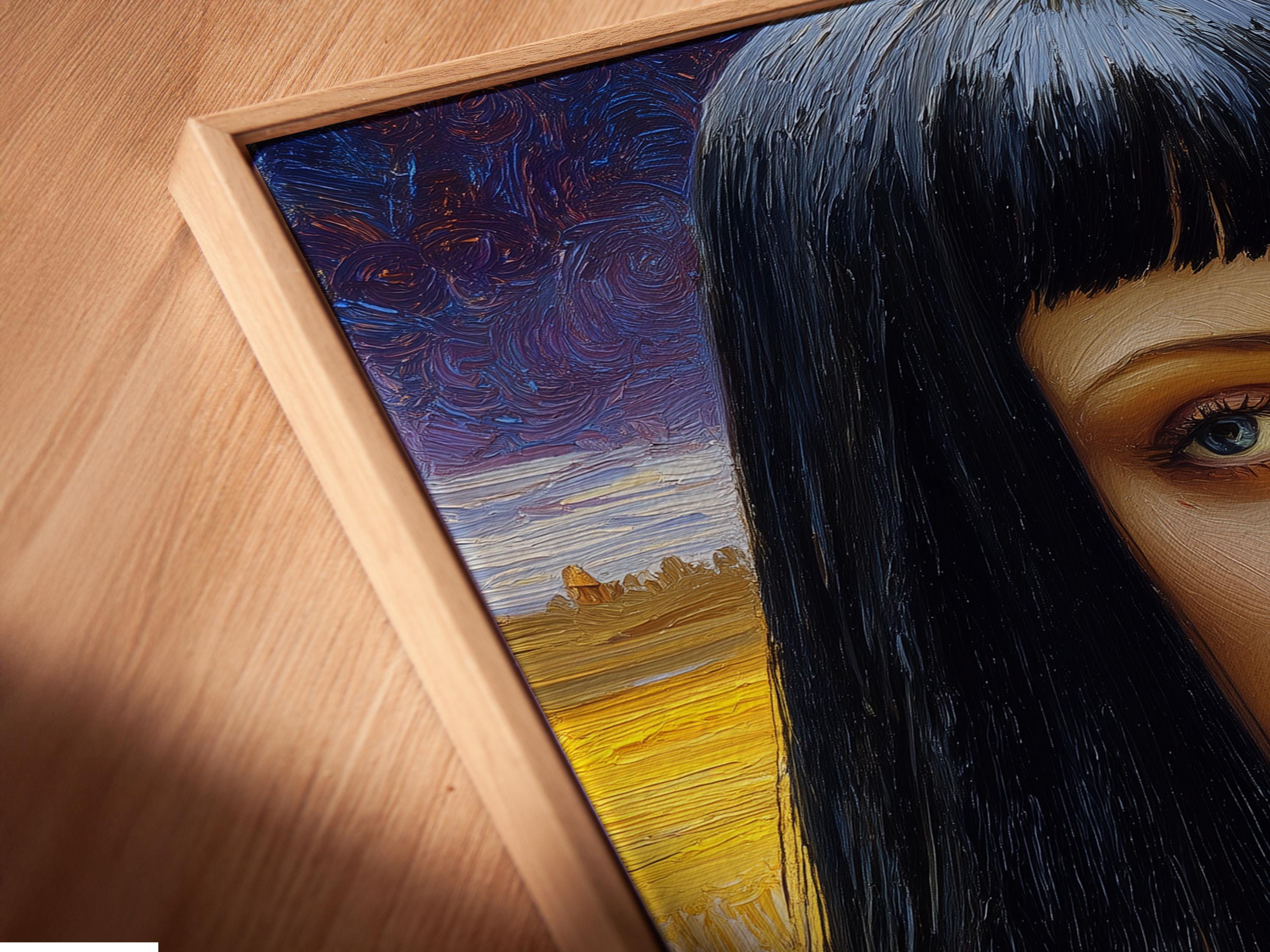 A dark-haired woman’s portrait is painted in front of a golden wheat field, set against a blue, swirling night-sky backdrop detail view