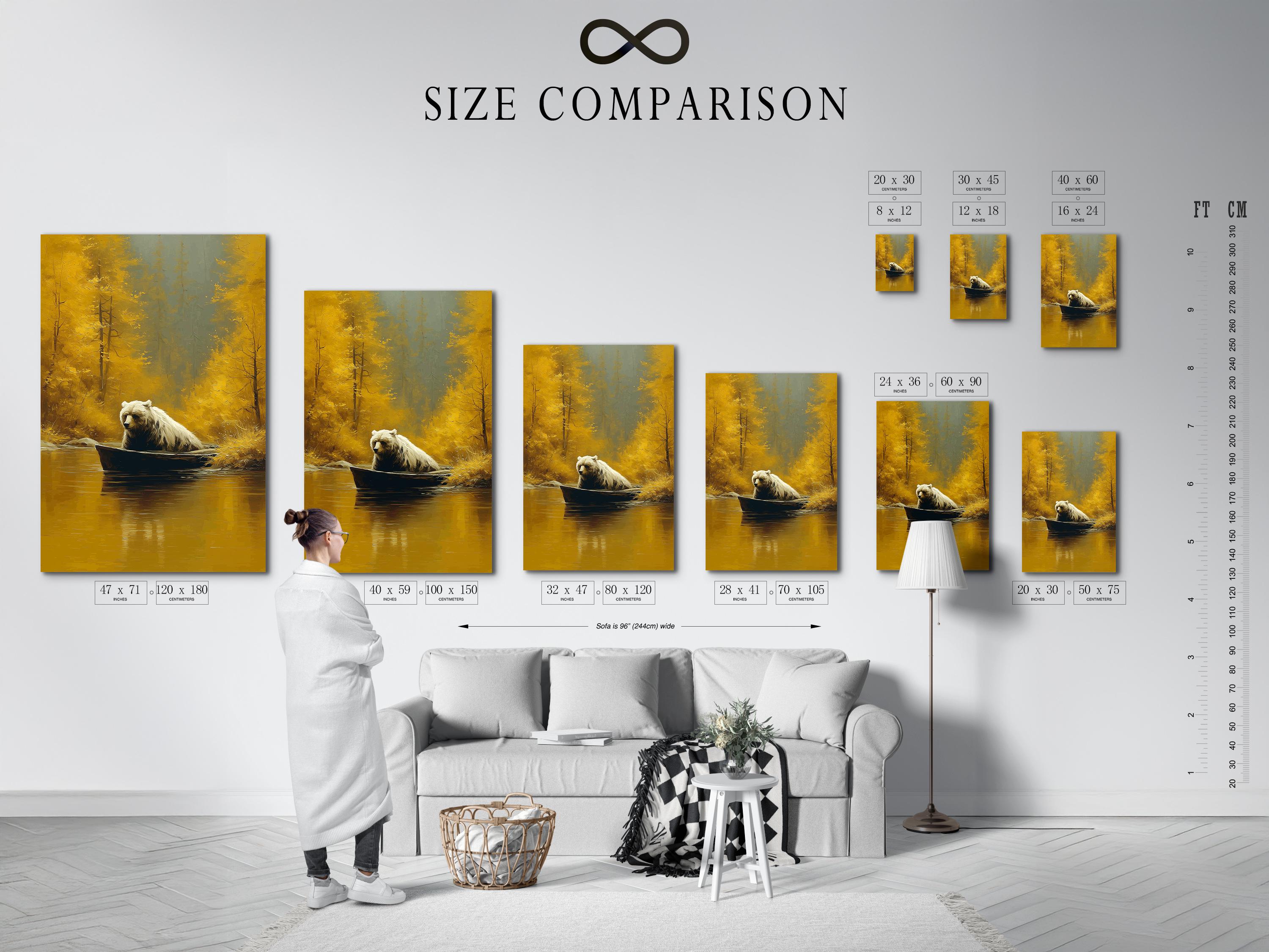 Wall mockup showing a framed bear-in-boat artwork against a light background