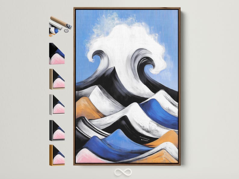 Abstract wave seascape with white and blue curling wave shapes on a blue background