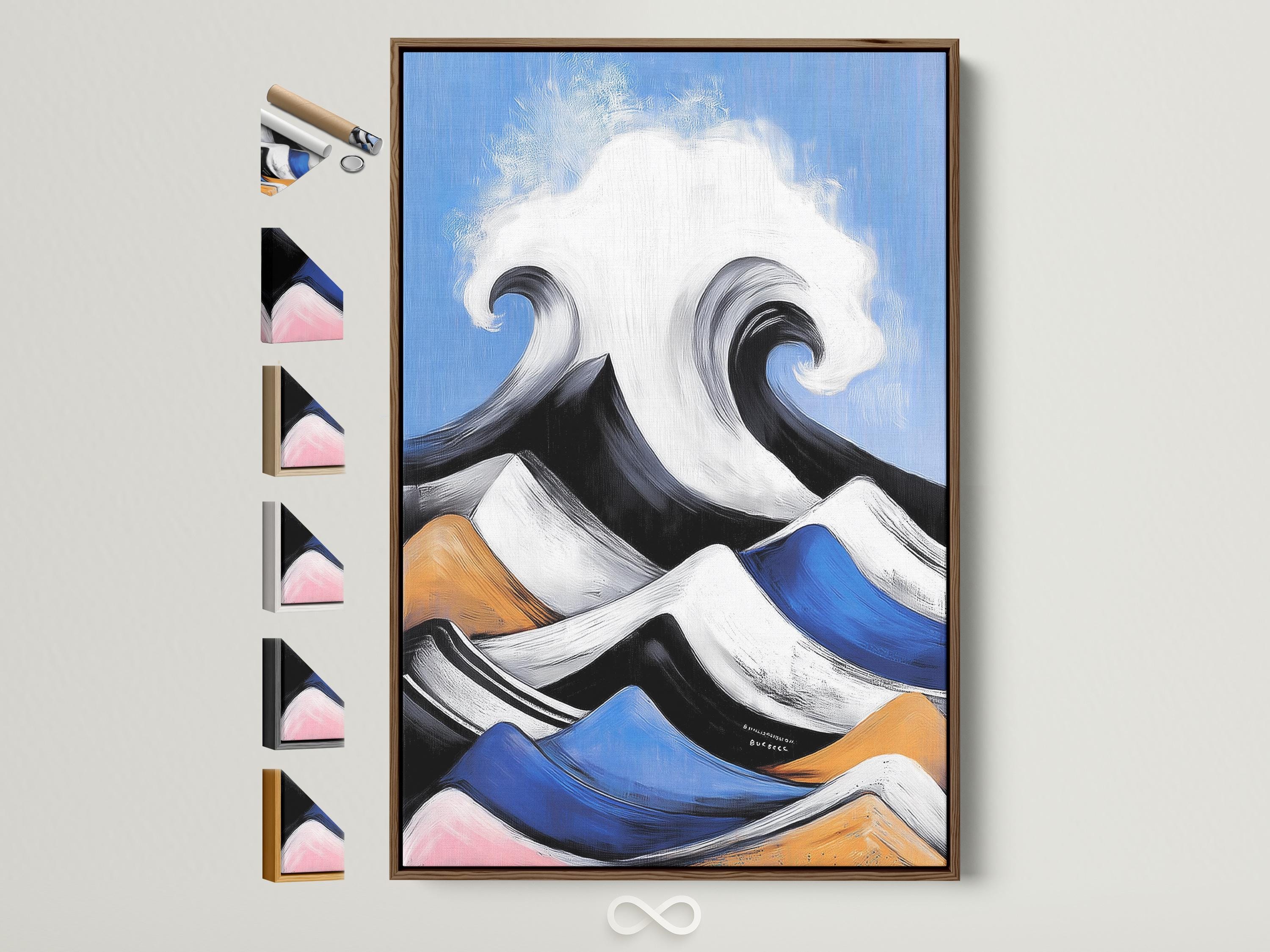 Abstract wave seascape with white and blue curling wave shapes on a blue background