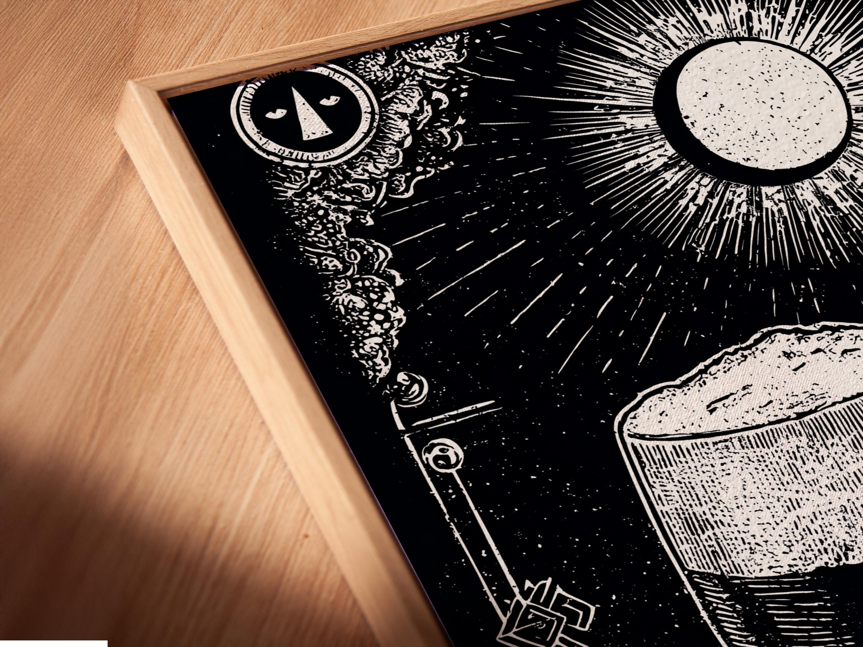 Person holding a framed black-and-white beer mug illustration in a workshop-style bar setting