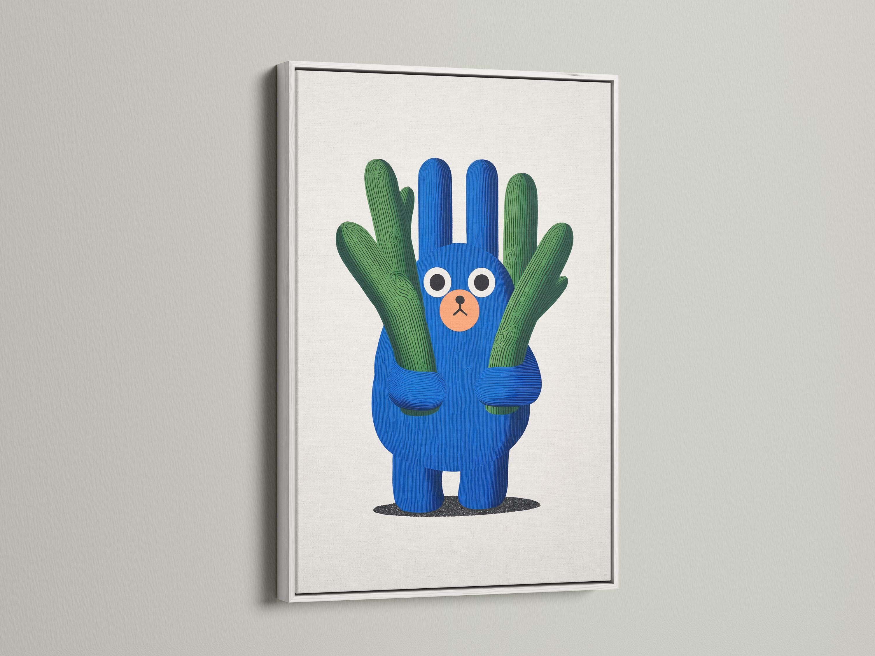 Blue cartoon bear holding green cactus arms on an off-white background detail view