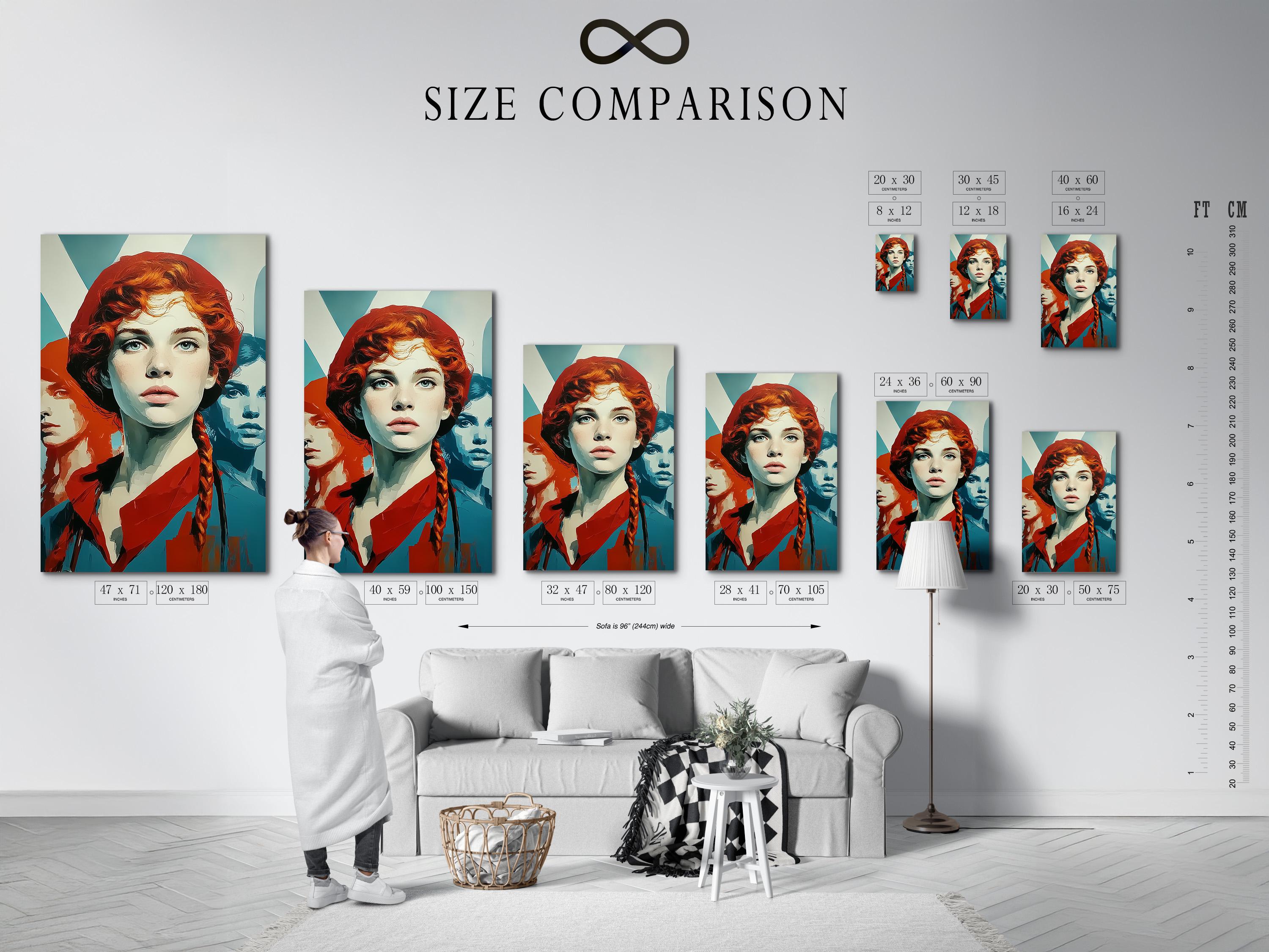 Retro pop-art portrait of a red-haired woman with teal and orange colour blocks detail view