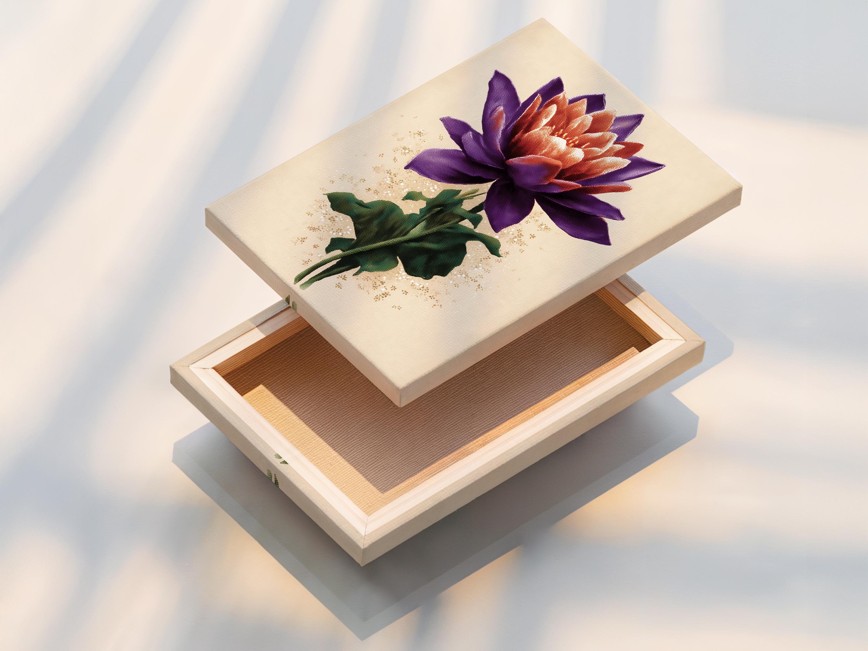 Lotus flower botanical artwork with purple petals, green leaves and gold speckles on a cream background detail view