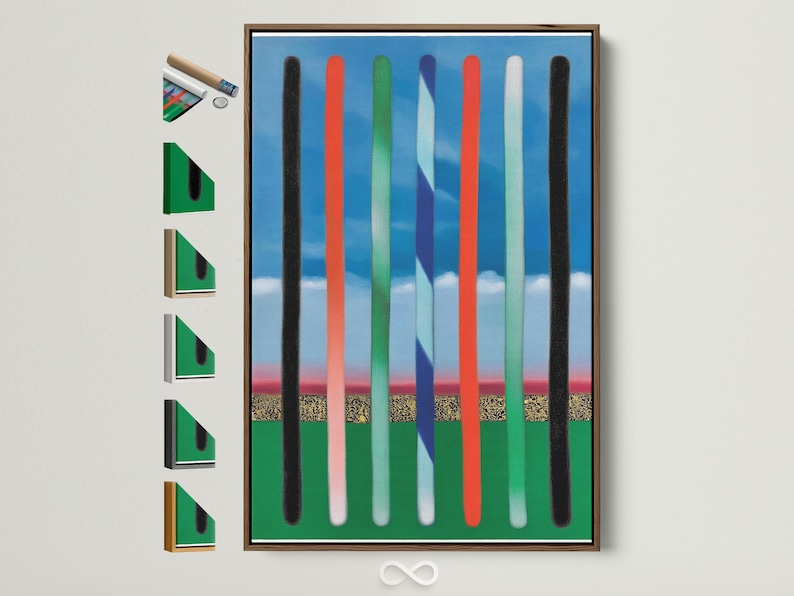 Abstract vertical stripes artwork with blue sky bands and black, red, green, and off-white bars