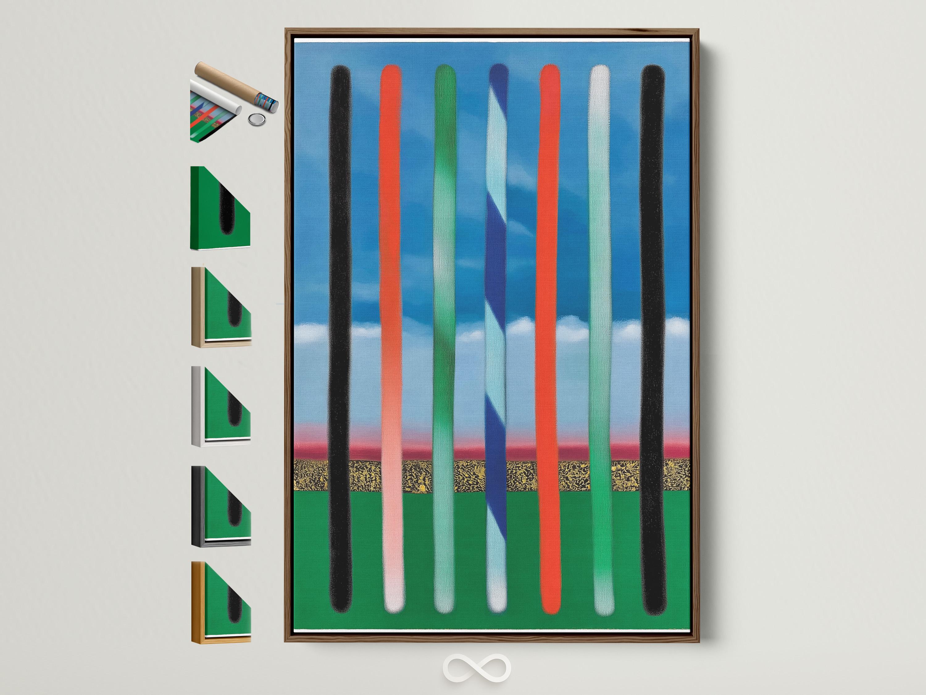 Abstract vertical stripes artwork with blue sky bands and black, red, green, and off-white bars
