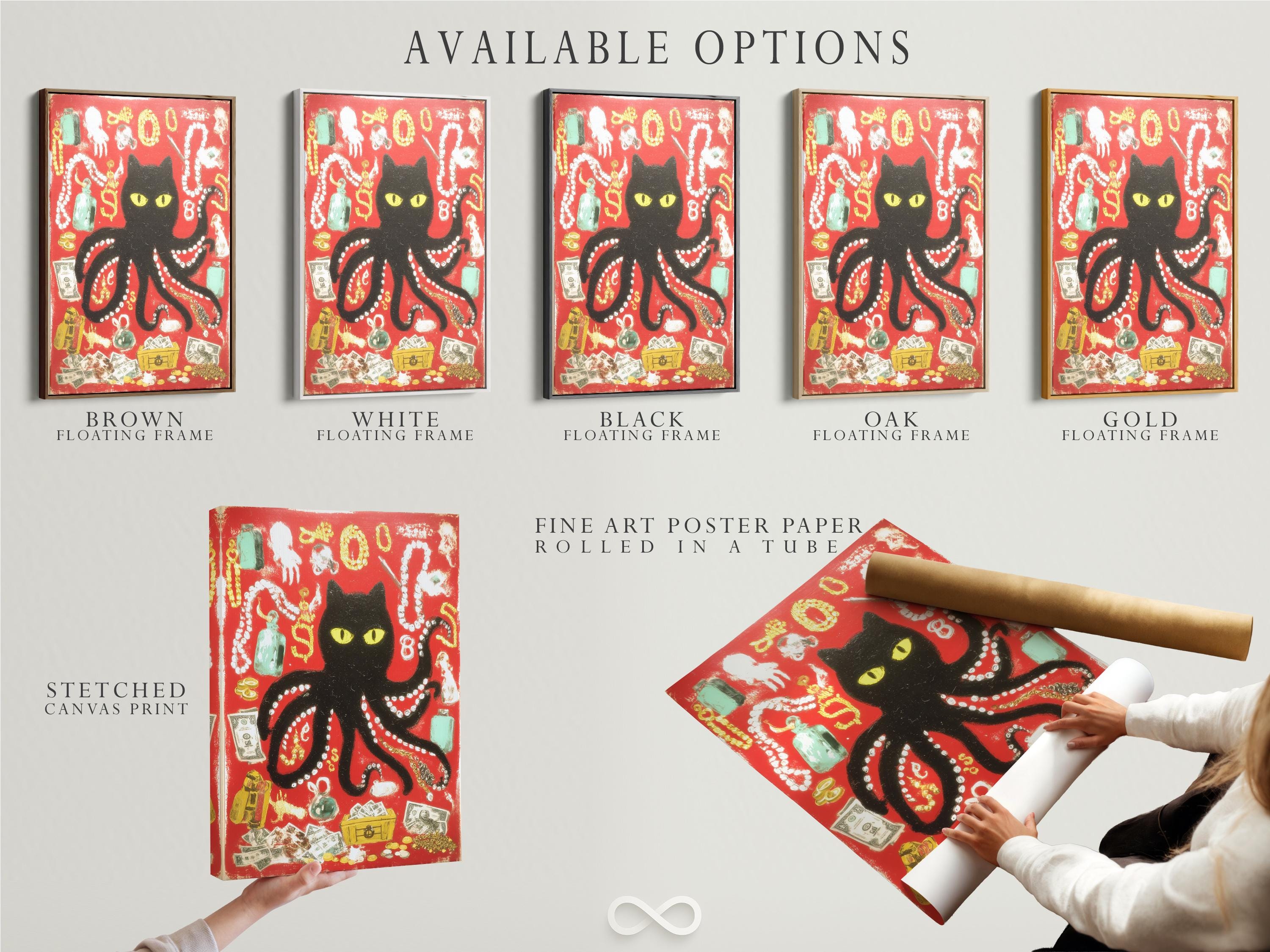 Black cat with yellow eyes in a red octopus-like animal collage with gold and bead-like details detail view