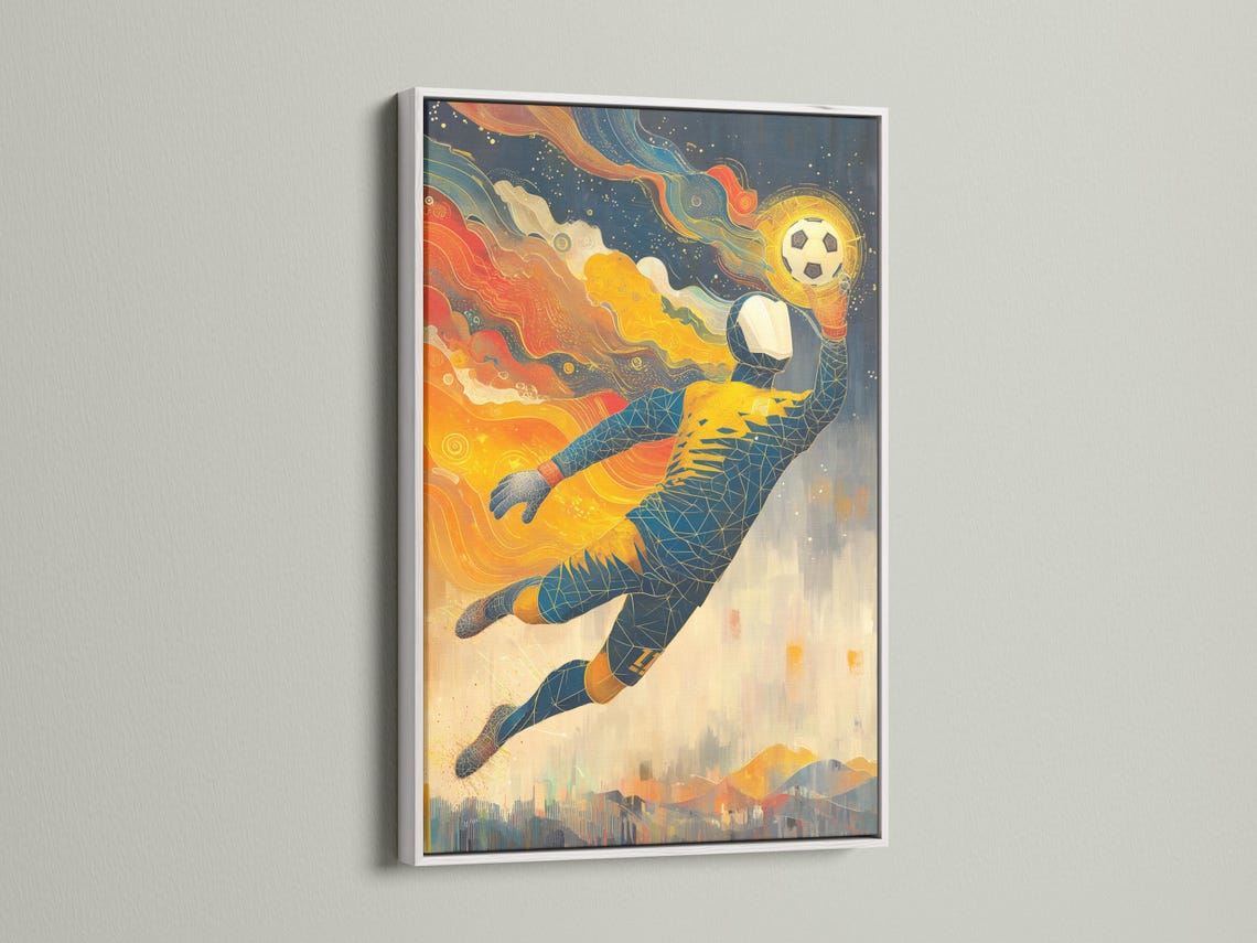 Stylised geometric football goalkeeper diving with a floating ball motif in navy, gold and red detail view