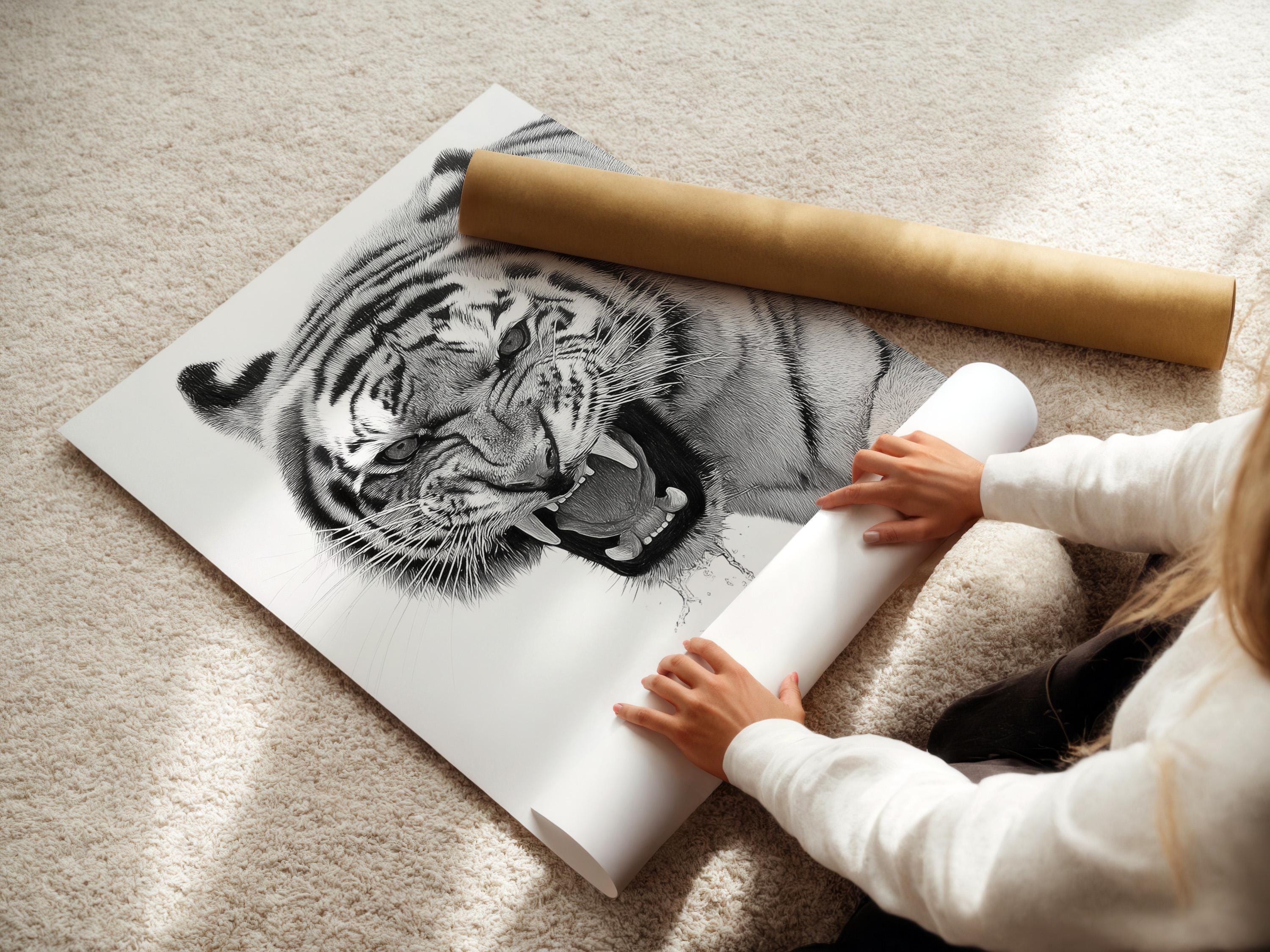 Framed monochrome tiger portrait mockup on a light background with additional display props