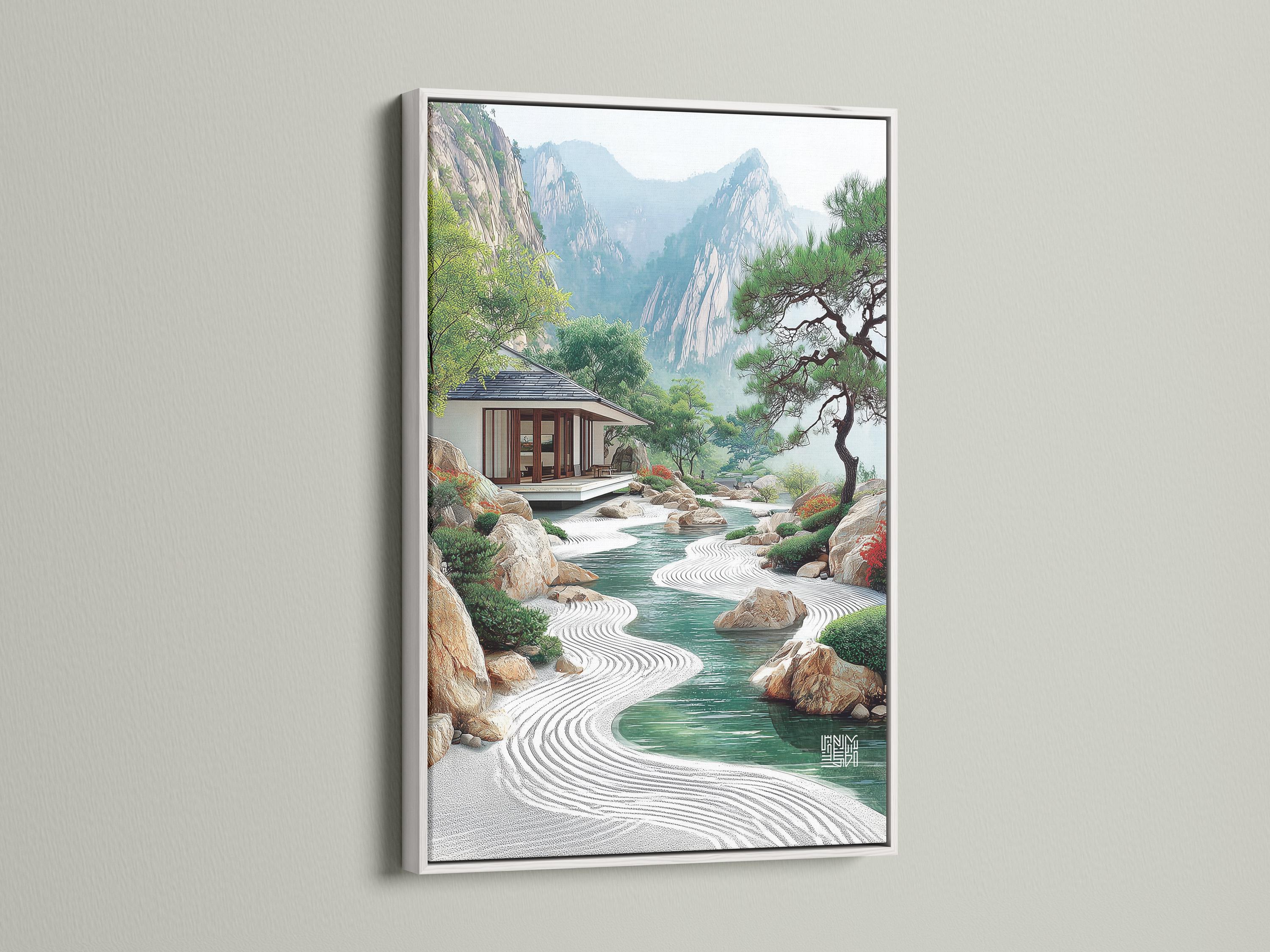 River landscape garden scene with raked sand path, pavilion, rocks, trees and misty mountains detail view