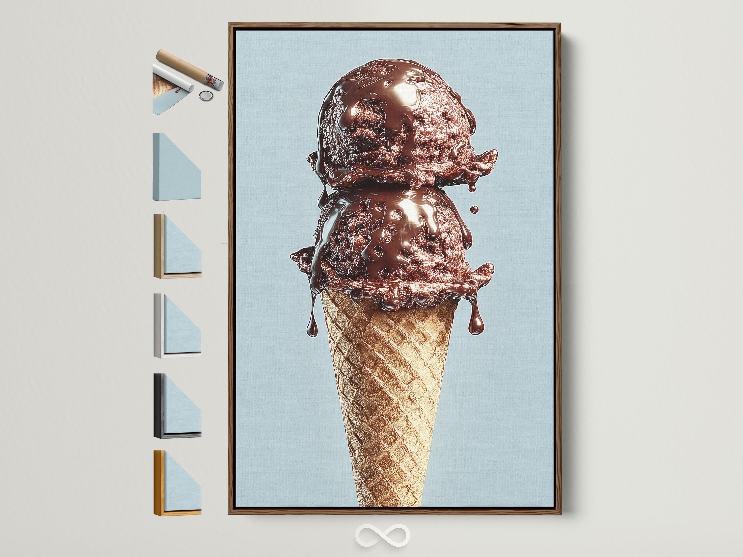 Chocolate ice cream cone illustration on a light blue background