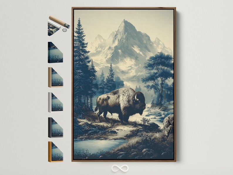 Bison standing in a forest and mountain landscape with pine trees and misty peaks