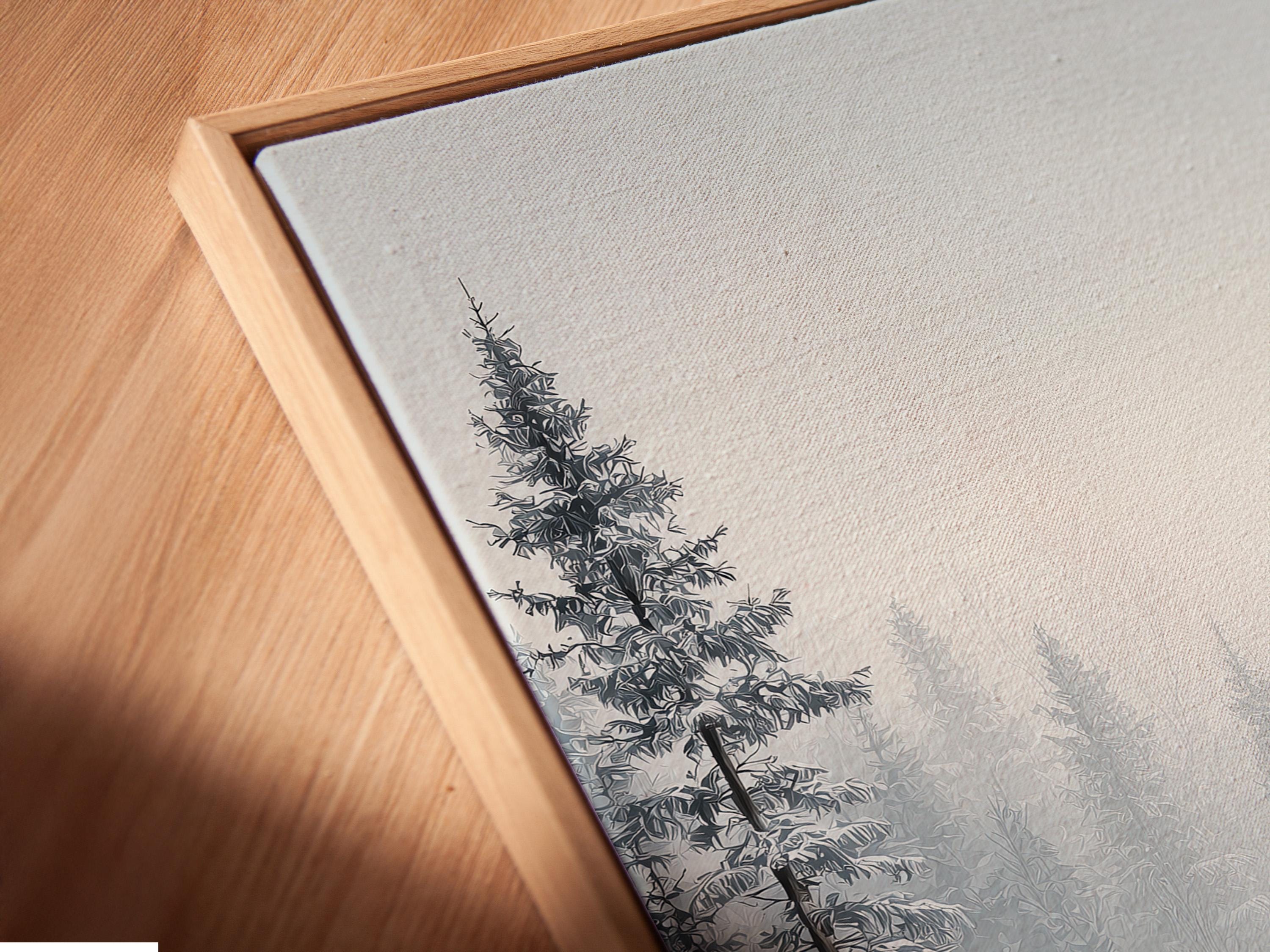 Snowy winter forest scene with pine trees, mist, and a small cabin detail view