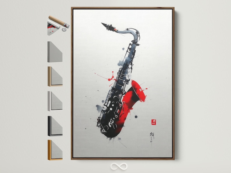Red and black saxophone illustration with paint splatter marks on an off-white background