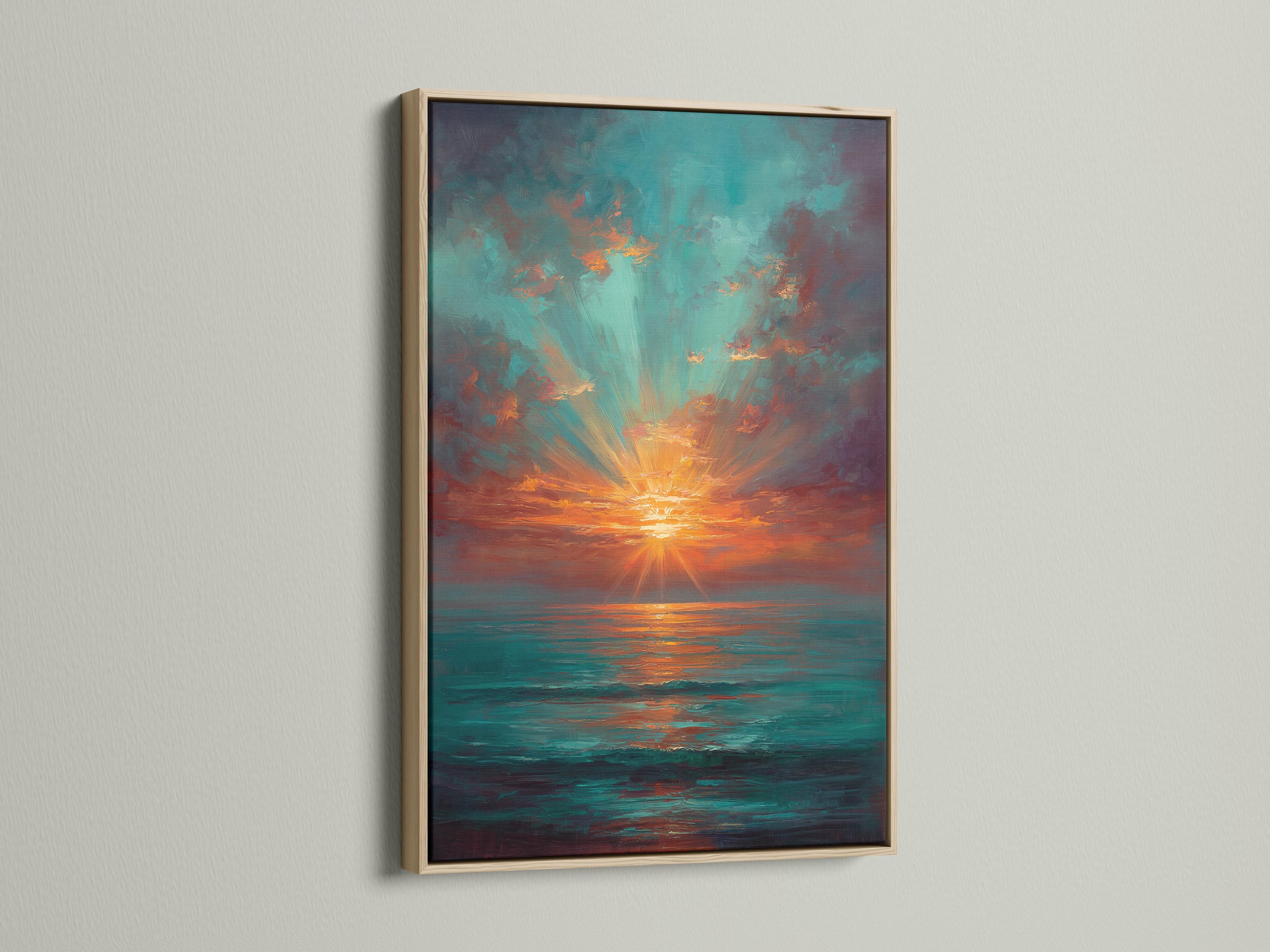 Room mockup with a sofa and a framed teal and copper sunset seascape artwork on the wall