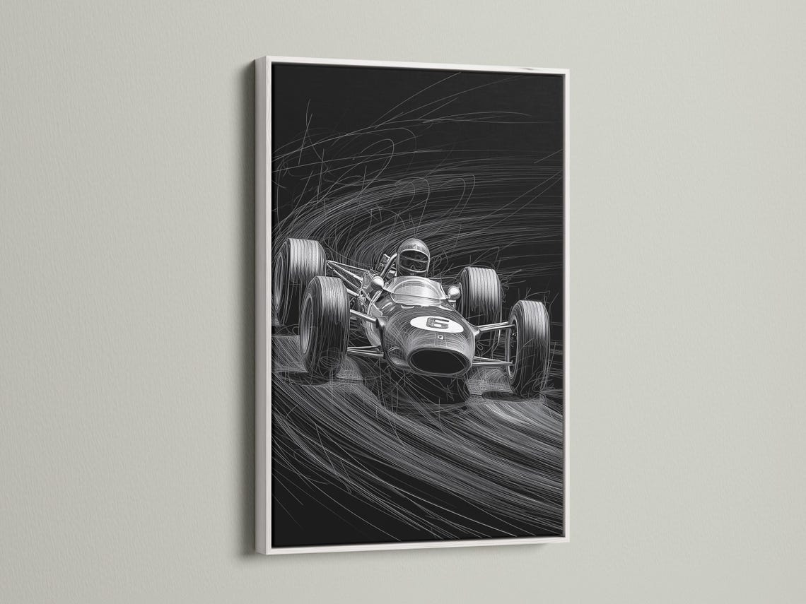 Black and white race car sketch with a helmeted driver and motion speed lines detail view