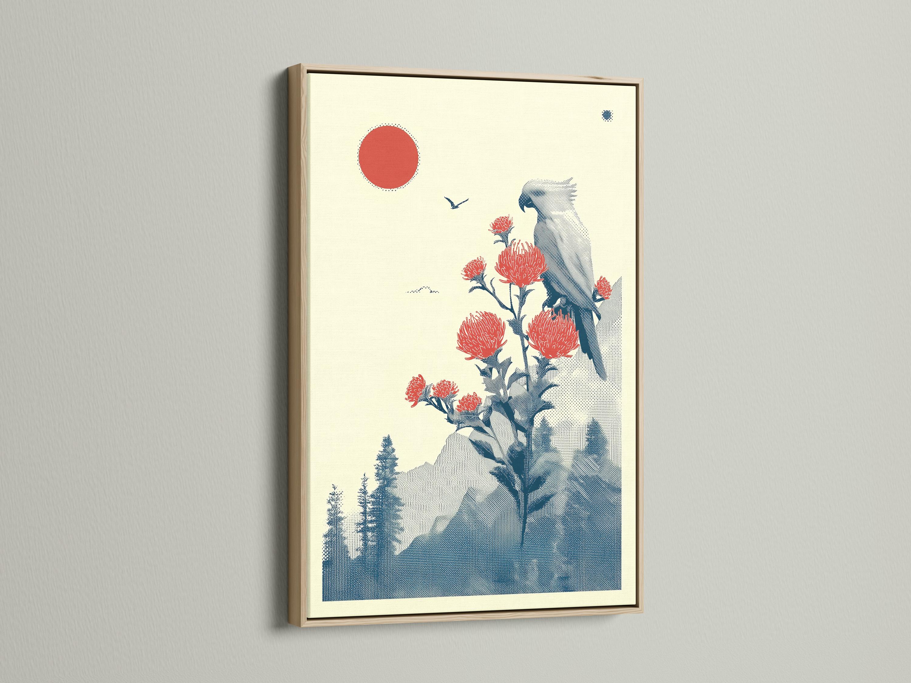 Blue bird perched on a flowering branch with red blossoms, red sun and blue landscape background detail view