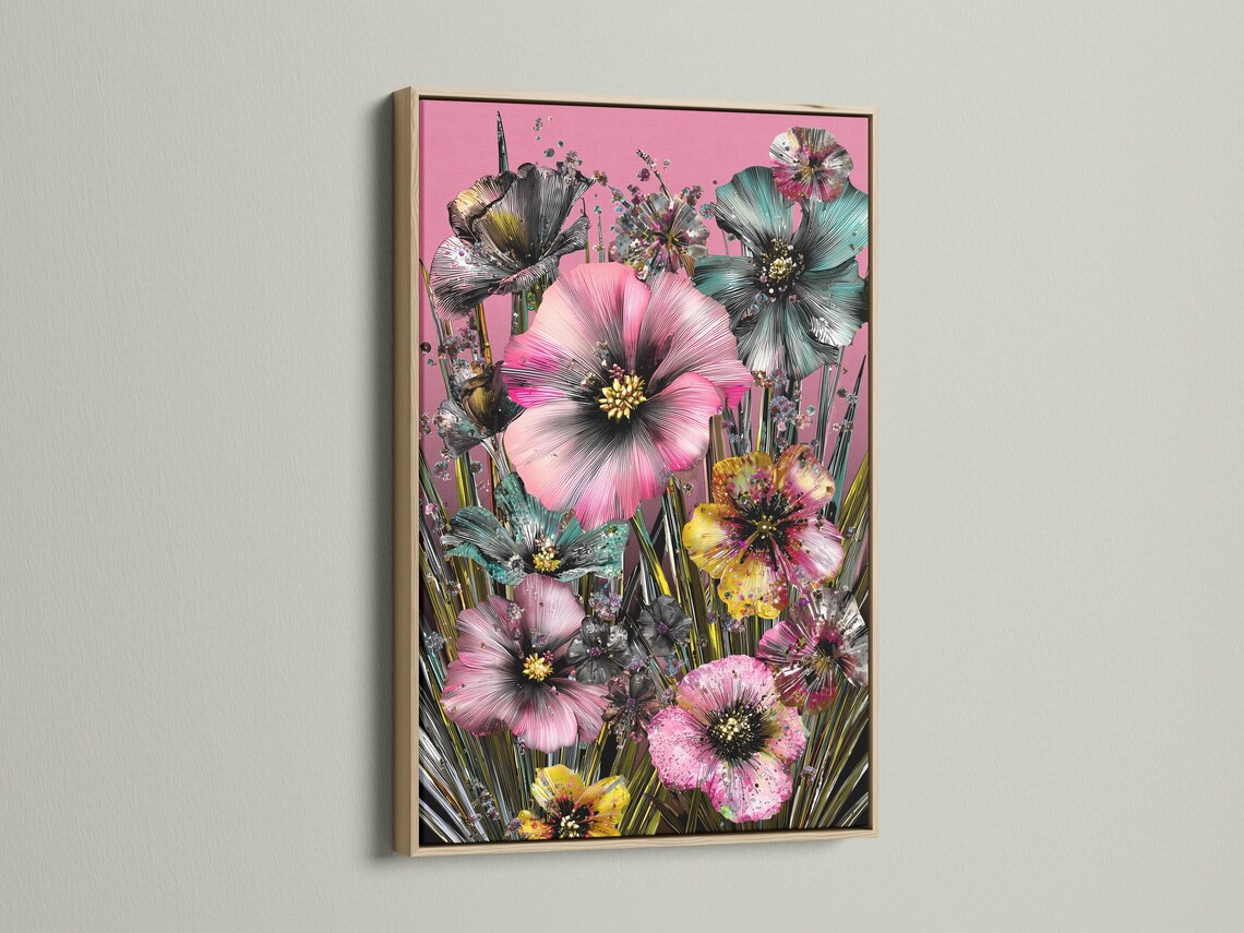 Portrait floral artwork with large pink blossoms, teal accents, dark centres and green stems on a pink background detail view