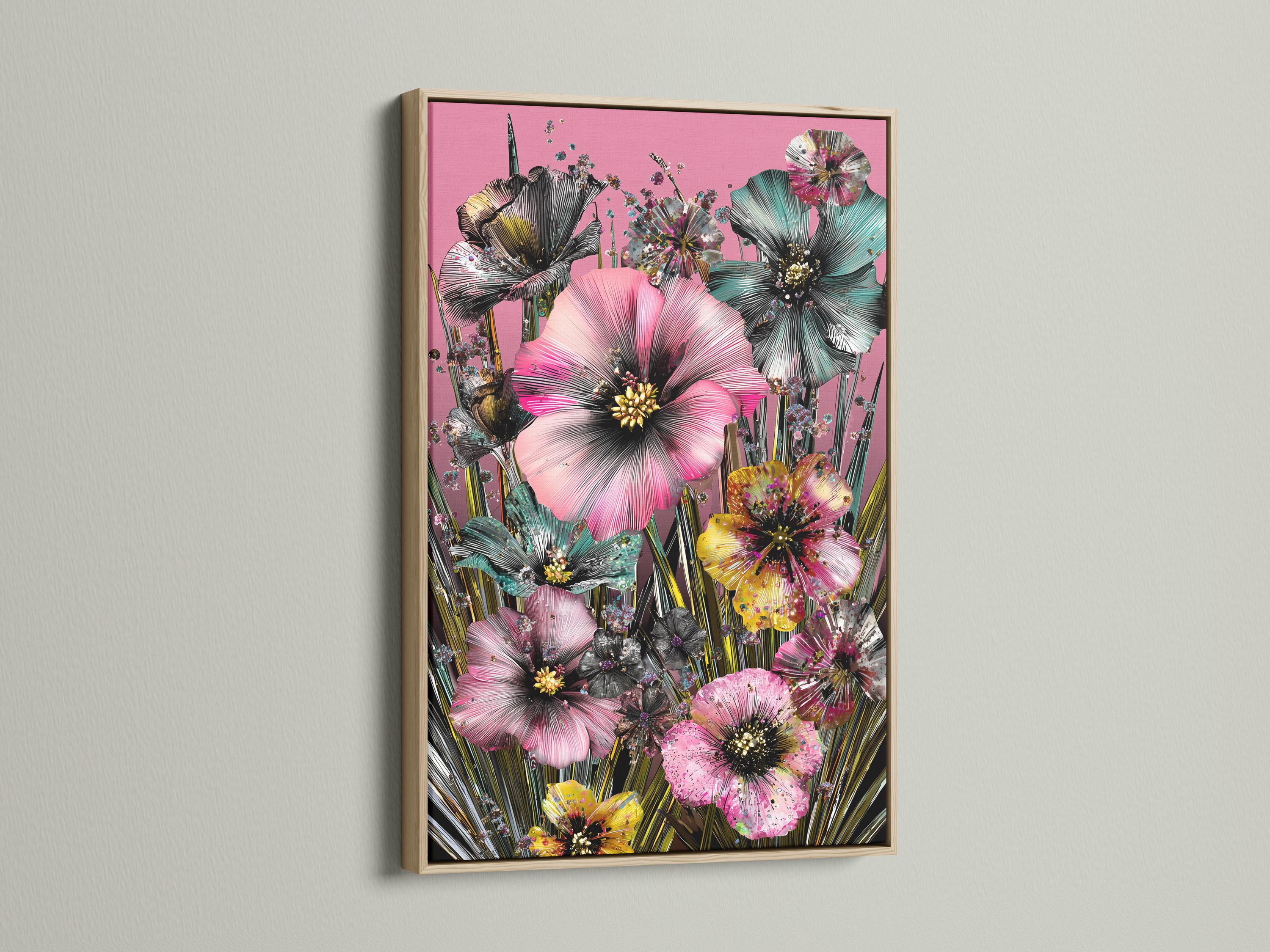 Portrait floral artwork with large pink blossoms, teal accents, dark centres and green stems on a pink background detail view