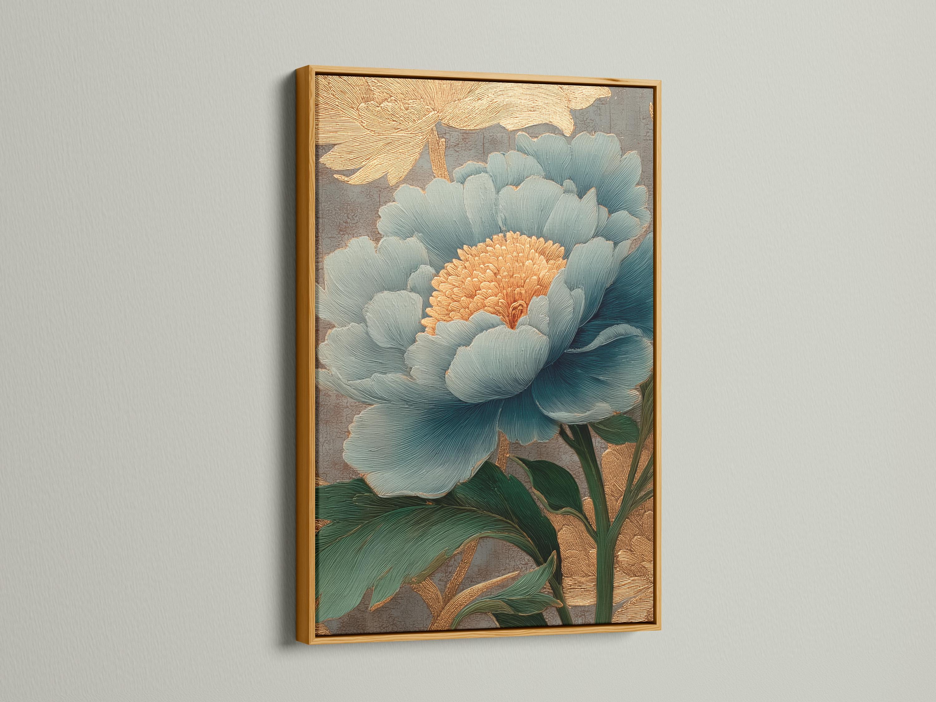 Teal peony with gold accents and green leaves on a textured grey background detail view