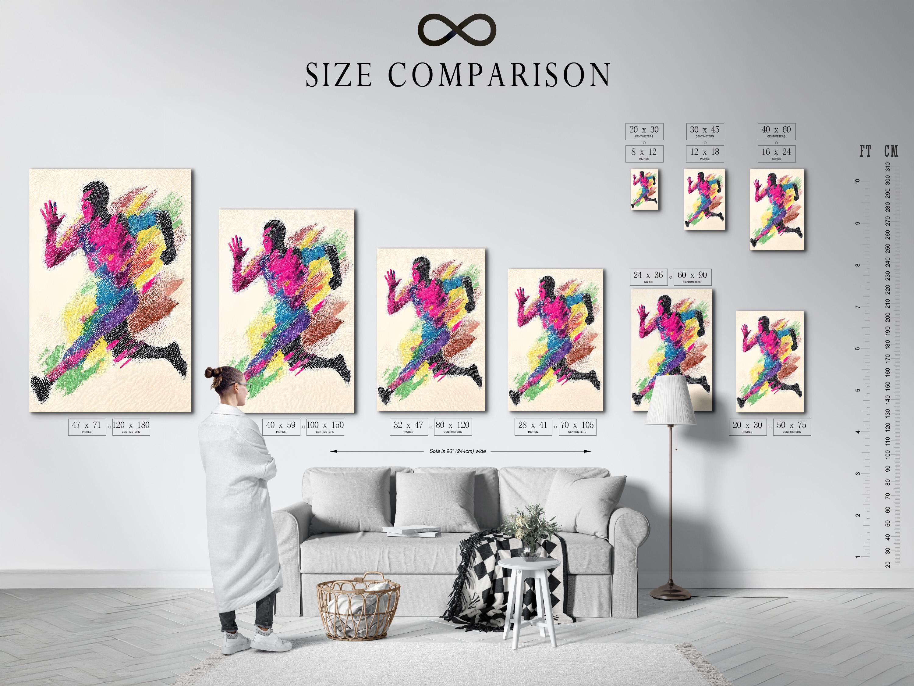 Rainbow runner figure artwork shown in a framed mockup