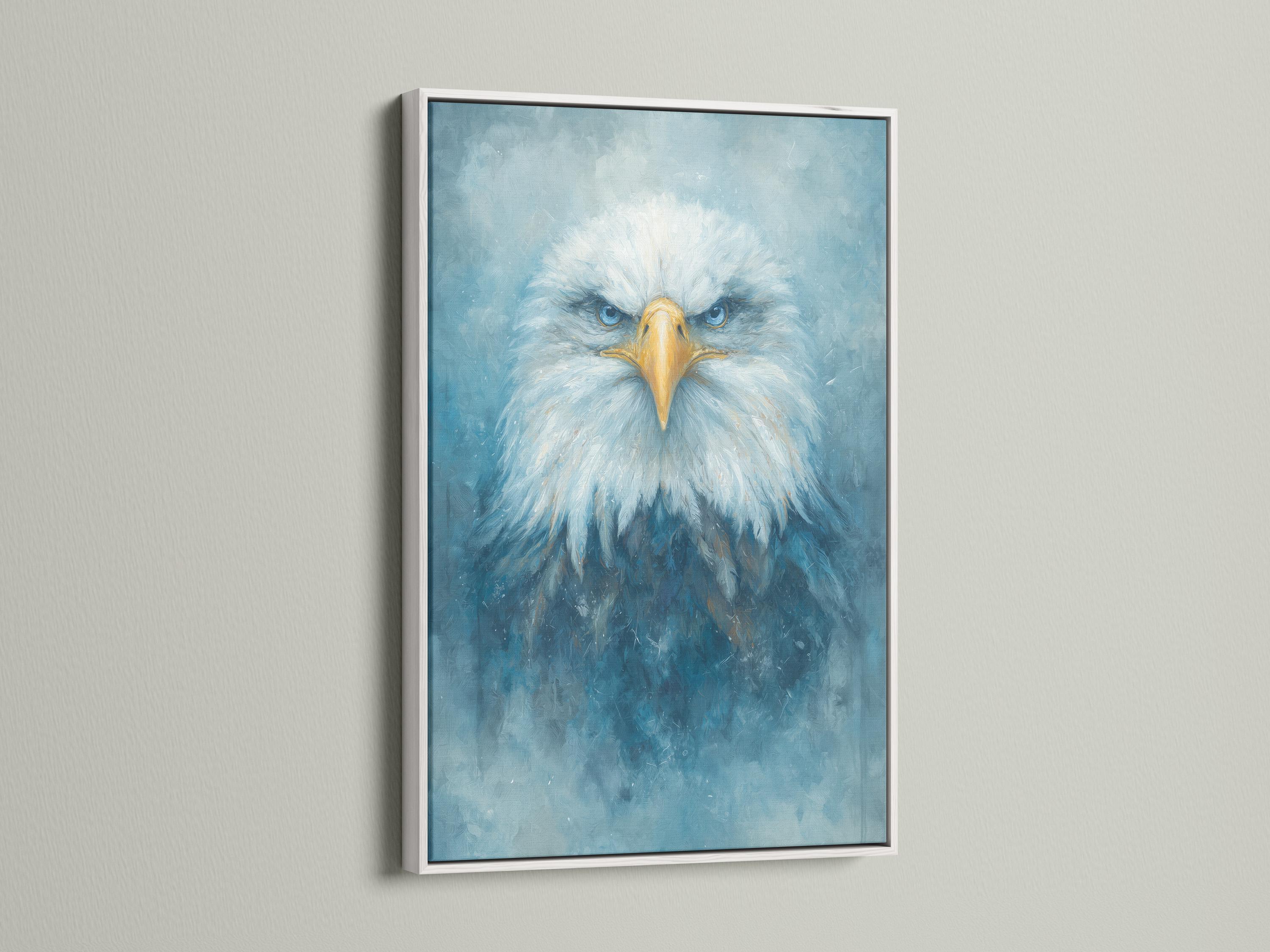 Blue and gold eagle portrait with radiating feathers on a textured teal background detail view