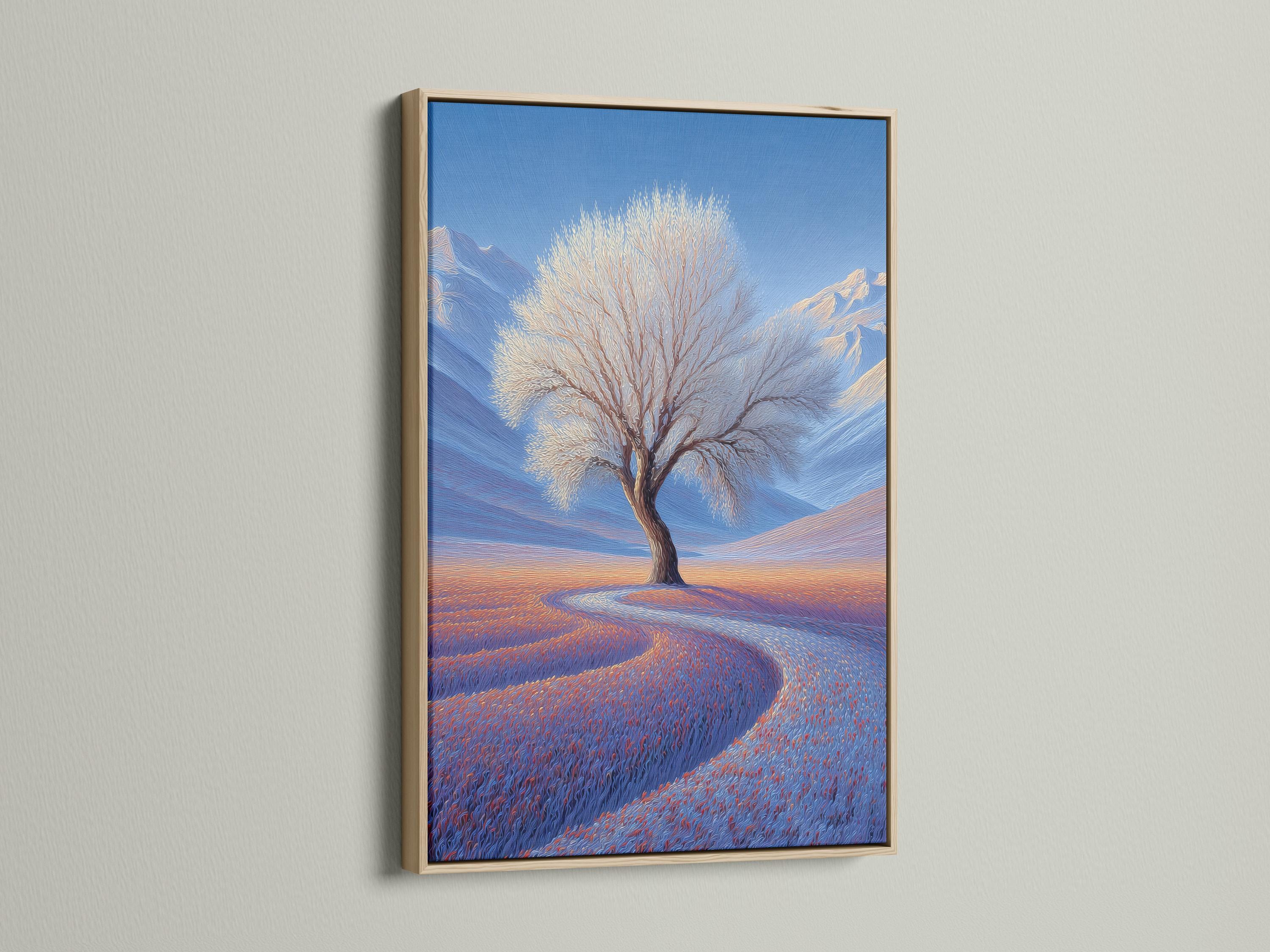 Lone leafless tree in a blue winter landscape with snowy hills and a warm orange horizon glow detail view