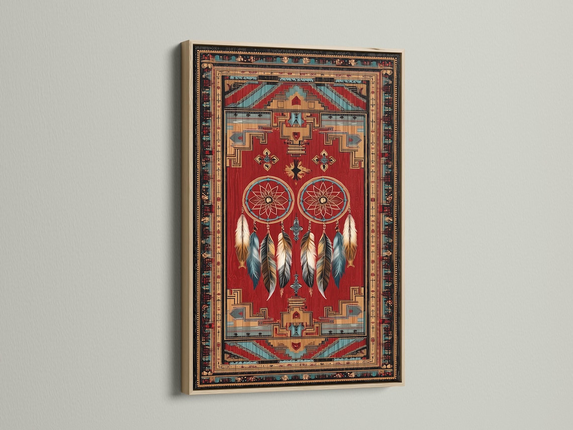 Dreamcatcher wall art with red background, teal circular webs, hanging feathers and geometric border detail view