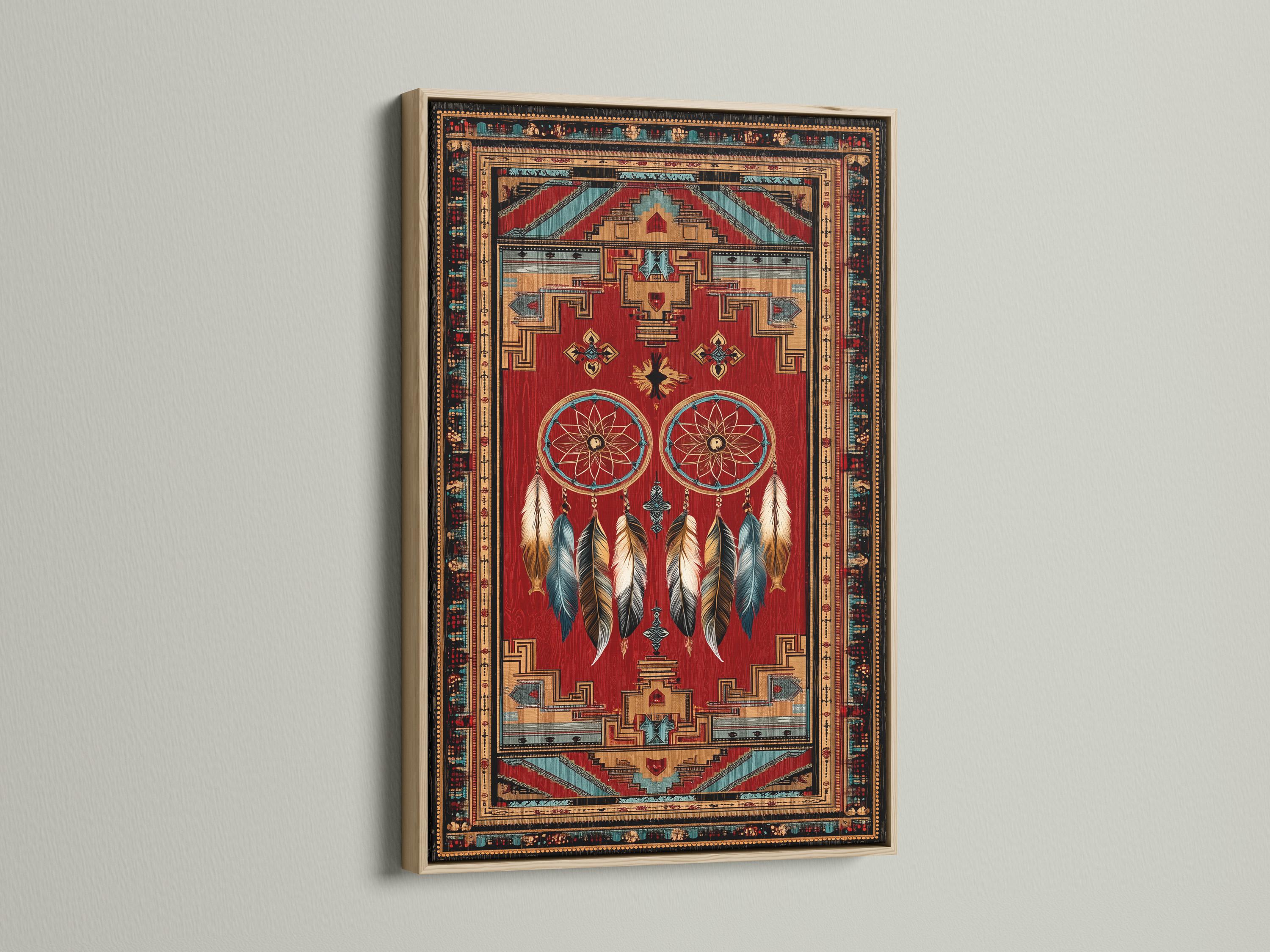 Dreamcatcher wall art with red background, teal circular webs, hanging feathers and geometric border detail view