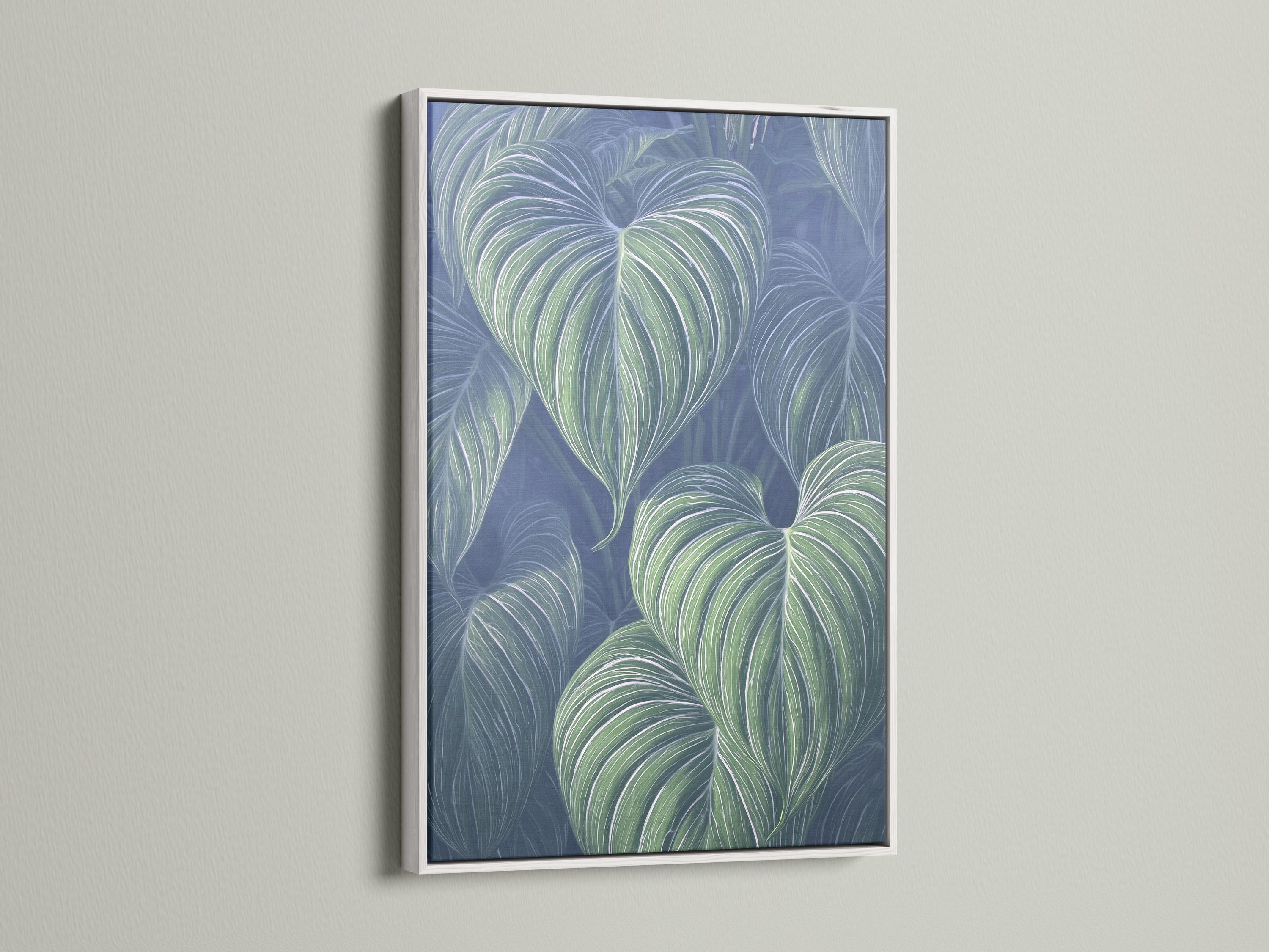 Mockup showing a framed botanical leaf artwork with mint green leaves on a navy-blue background