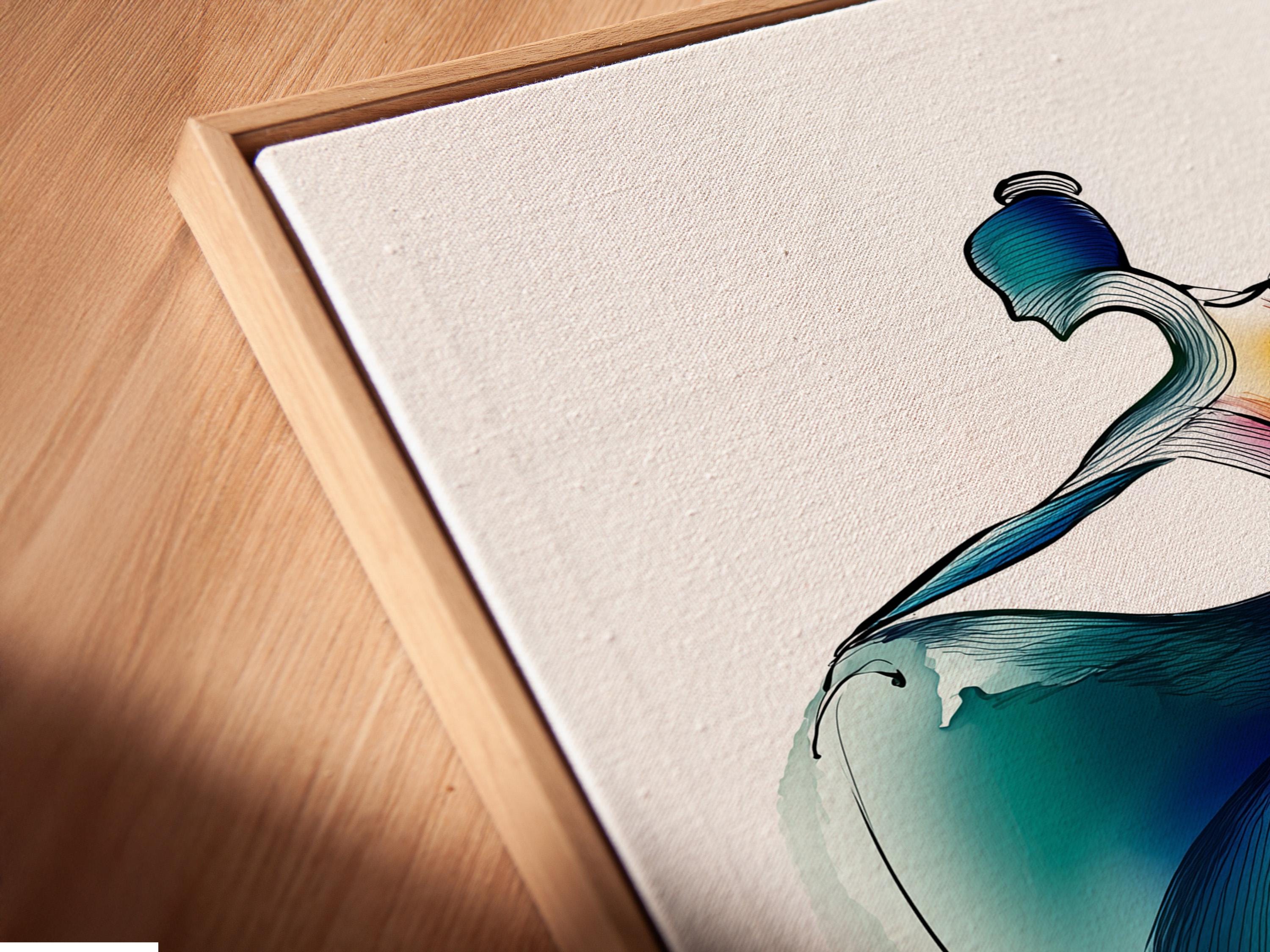 Stylised ballet dancer leaping with teal, blue, purple and orange-yellow colour washes on a white background detail view