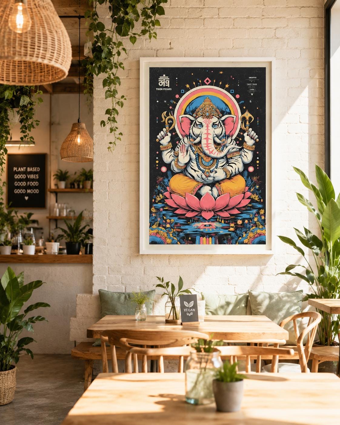 Colourful elephant-headed deity seated above a pink lotus on a dark starry background detail view